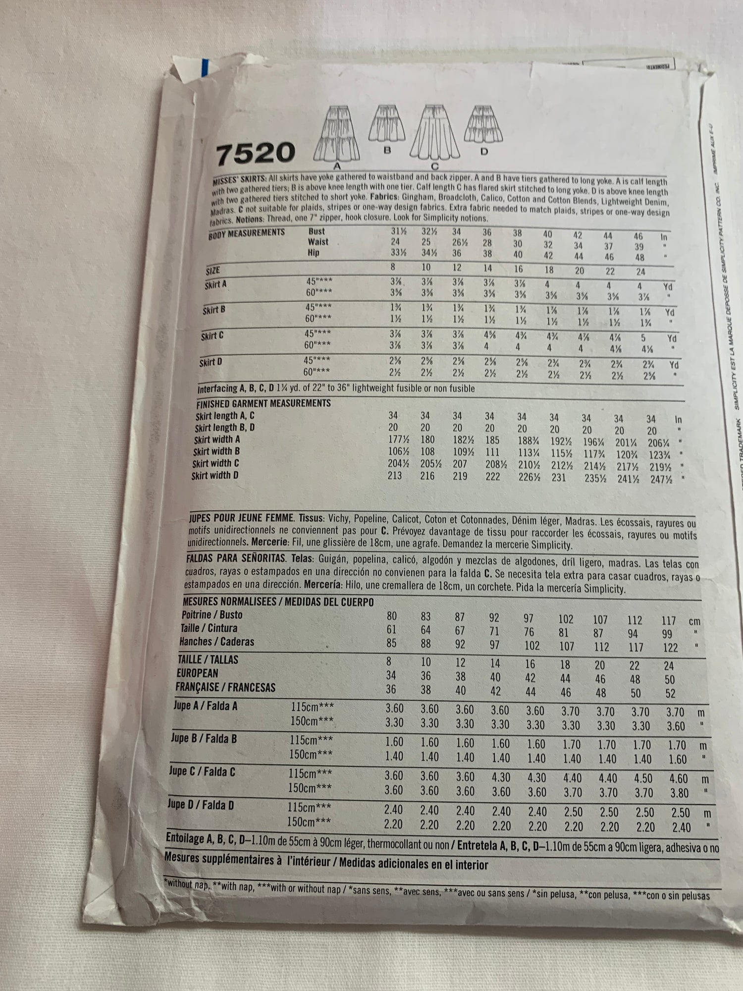 Simplicity Sewing Pattern 7520 Misses' Western Skirts, Circular, Ruffles, Zipper Back, 4 Variations, Two Lengths, Size 14-18, Uncut, Vintage 1997