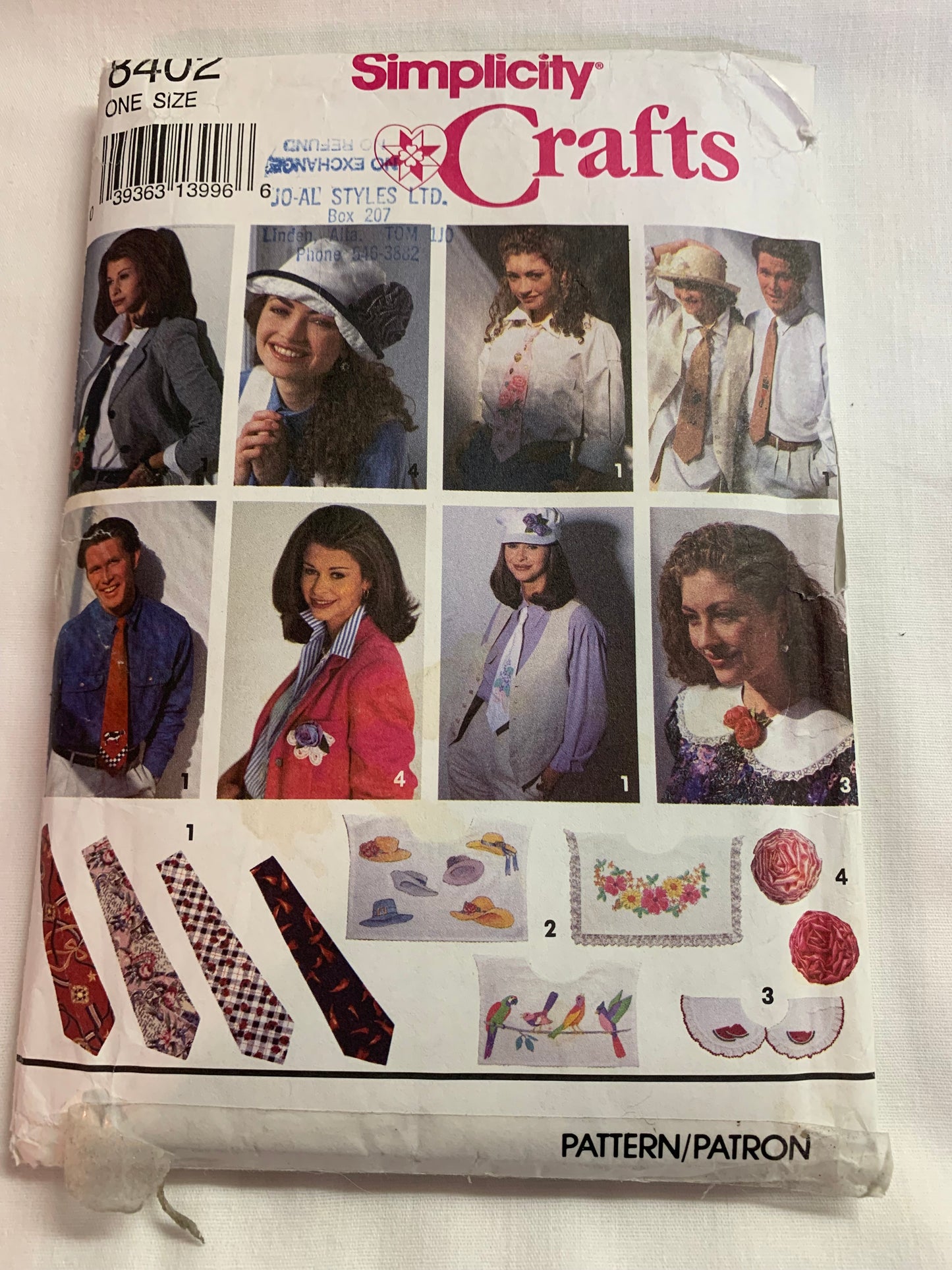Simplicity Sewing Pattern 8402 Misses'/Men's, Teens, Accessories, Ties, Collars, Ribbon Roses, Cut, Vintage 1993