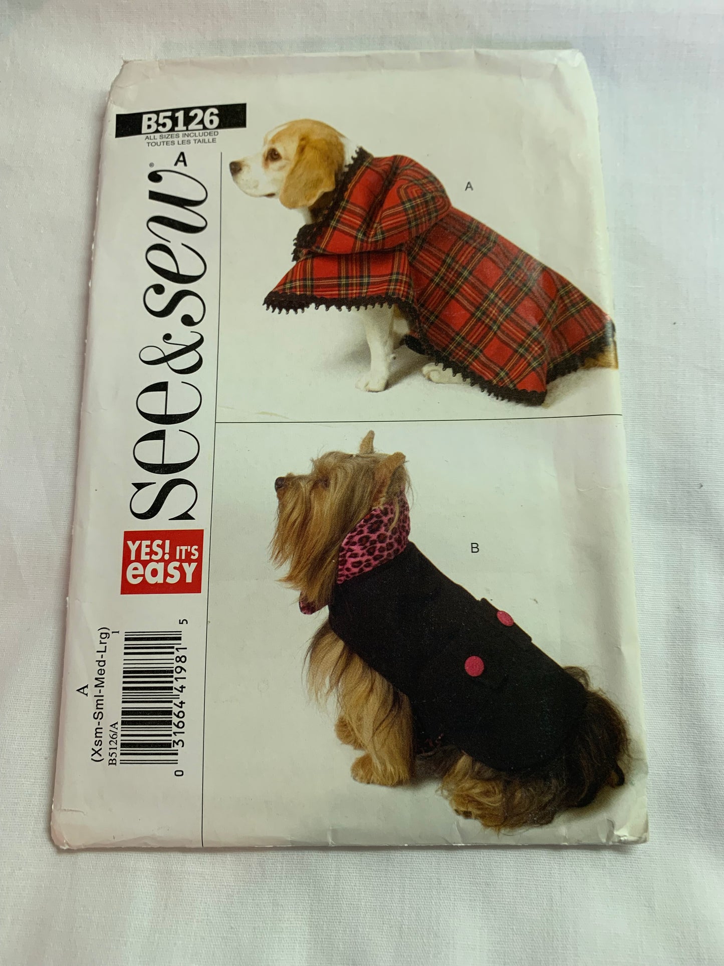 Butterick See & Sew Sewing Pattern B5126 Dog Accessories, Coats, Jackets, Cut, 2007