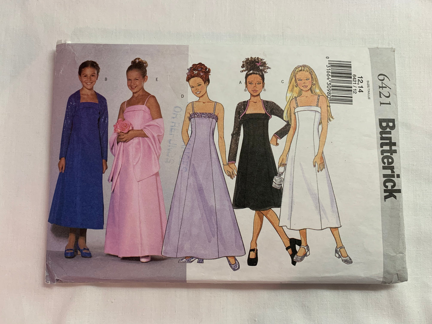 Butterick Sewing Pattern 6421 Children's/Girls Dress, Three Lengths, Close-Fitting, Shrug, Sleeveless, Princess Seams, Zipper Back, Size 12-14, Cut, Vintage 1999