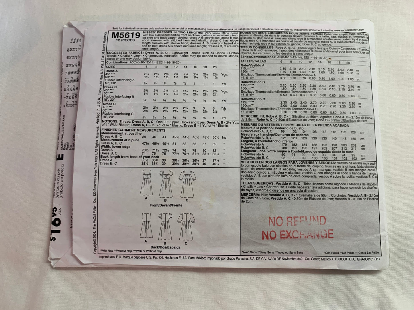 McCall's Sewing Pattern M5619 Misses' Dresses, Two Lengths, Pleats, Zipper Back, Sleeveless, Long/ Short Sleeves, Size 6-14, Cut, 2008