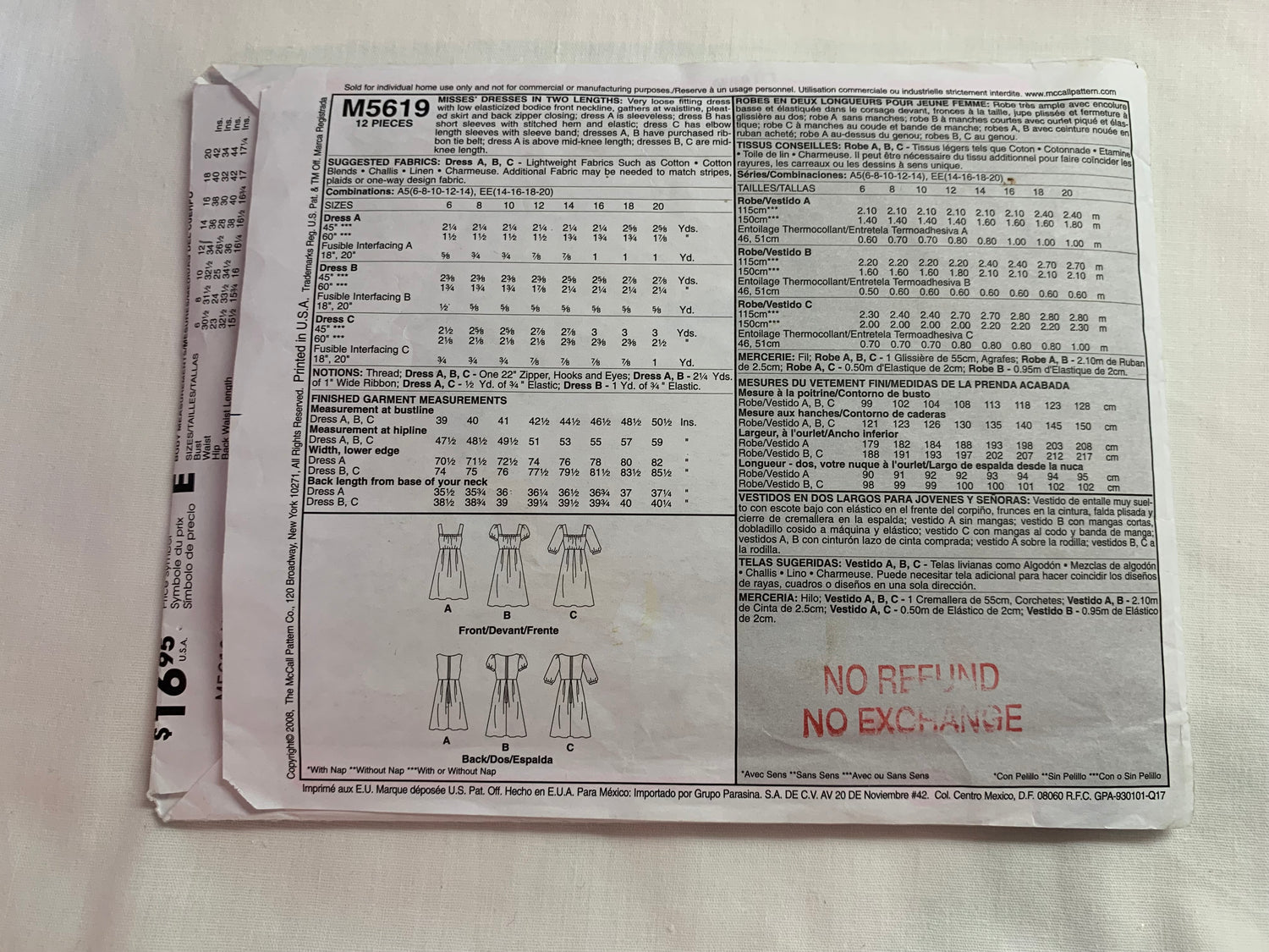 McCall's Sewing Pattern M5619 Misses' Dresses, Two Lengths, Pleats, Zipper Back, Sleeveless, Long/ Short Sleeves, Size 6-14, Cut, 2008