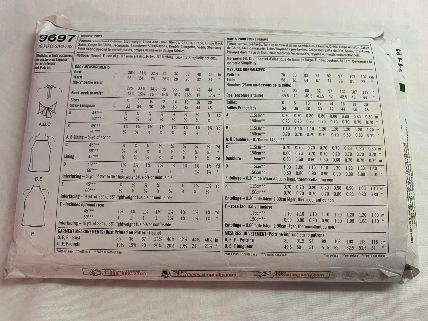 Simplicity Sewing Pattern 9697 Misses' Tops, Back Ties, Sleeveless, 6 Variations, Shoulder Straps, Size 14-20, Cut, 2001