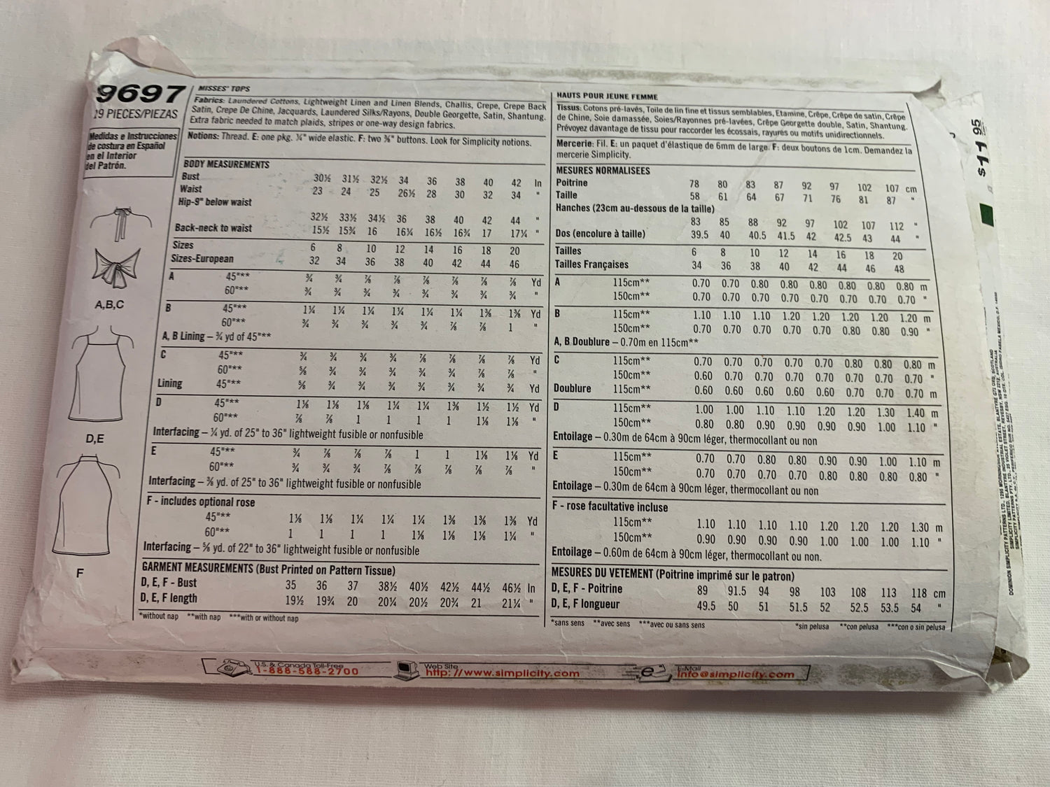 Simplicity Sewing Pattern 9697 Misses' Tops, Back Ties, Sleeveless, 6 Variations, Shoulder Straps, Size 14-20, Cut, 2001