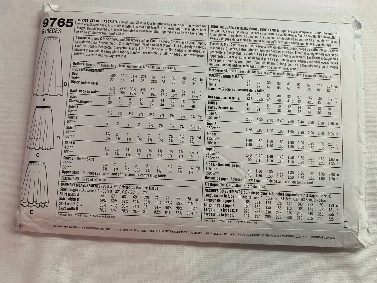 Simplicity Sewing Pattern 9765 Misses' Skirts, Bias, Side Zipper, Three Lengths, Size 10-14, Uncut, Vintage 1996