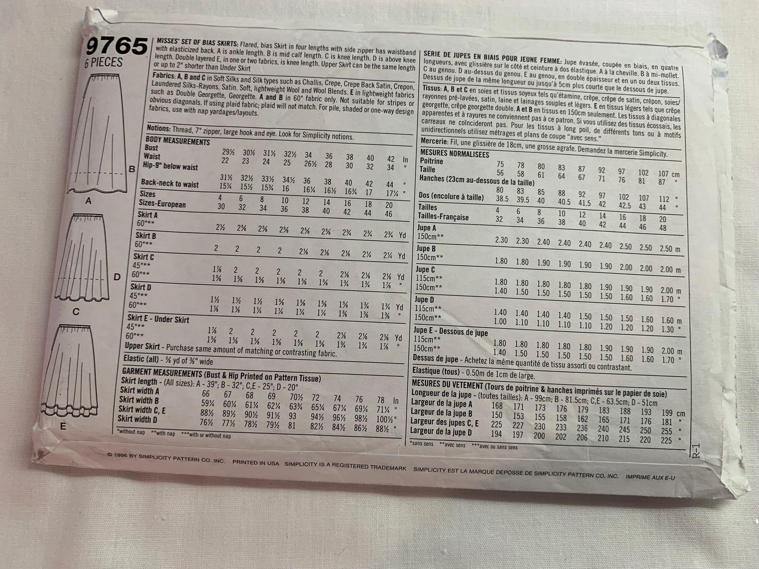 Simplicity Sewing Pattern 9765 Misses' Skirts, Bias, Side Zipper, Three Lengths, Size 10-14, Uncut, Vintage 1996