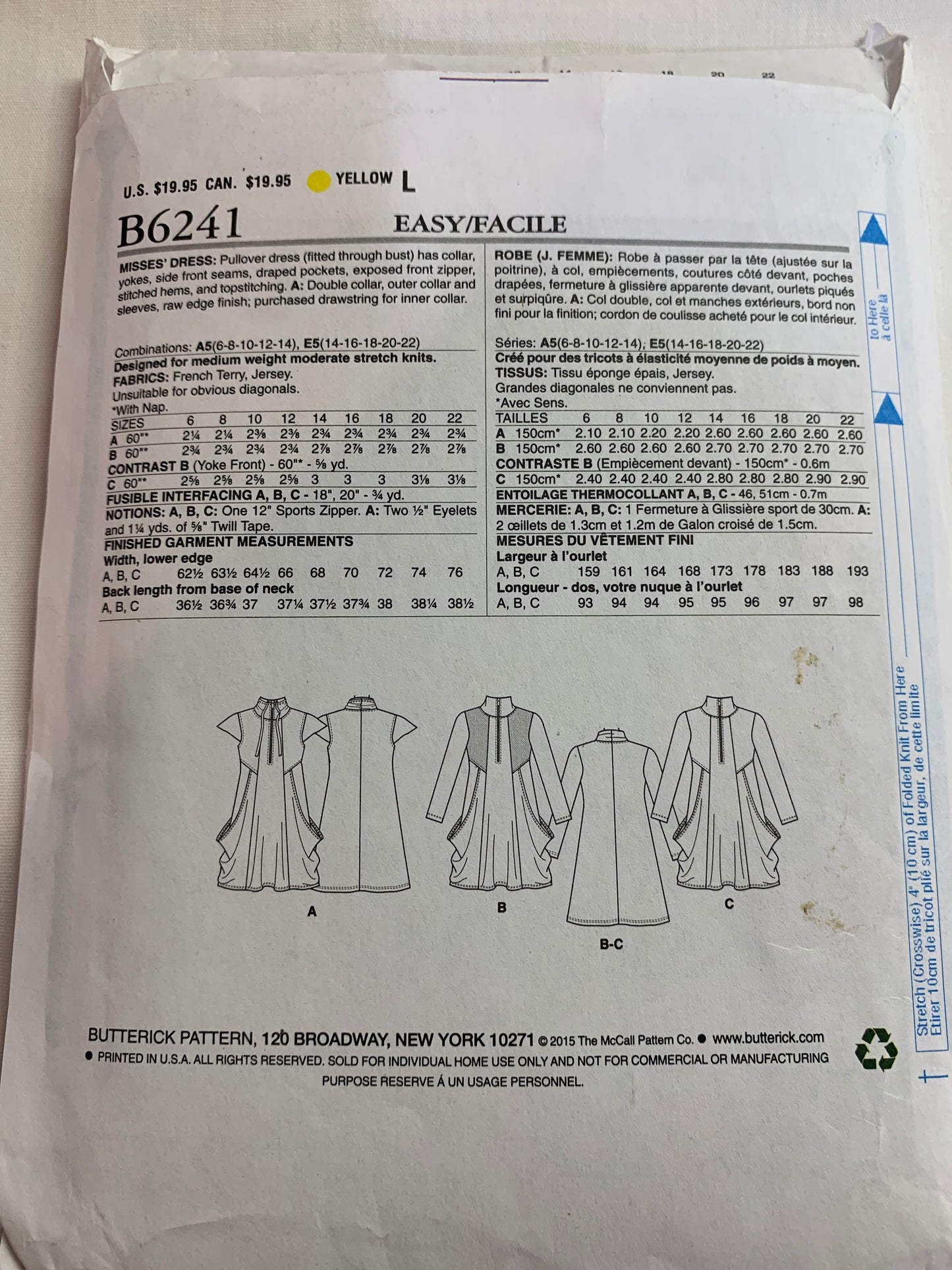 Butterick Sewing Pattern B6241 Misses' Dress, 2 Lengths, Collar, Pullover Zipper Front, Pockets, Size 14-22, Cut, 2015