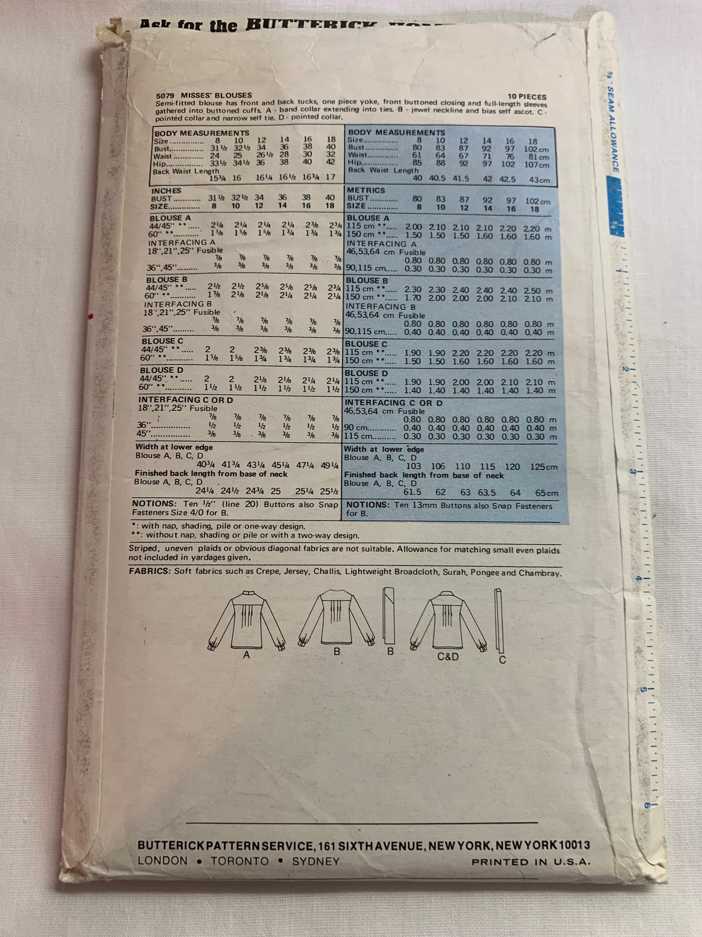 Butterick Sewing Pattern 5079 Misses' Blouses, Shirts, Button Front, 4 Variations, Long Sleeves, Collar, Tie, Semi-Fitted, Size 10, Cut, Vintage 1997