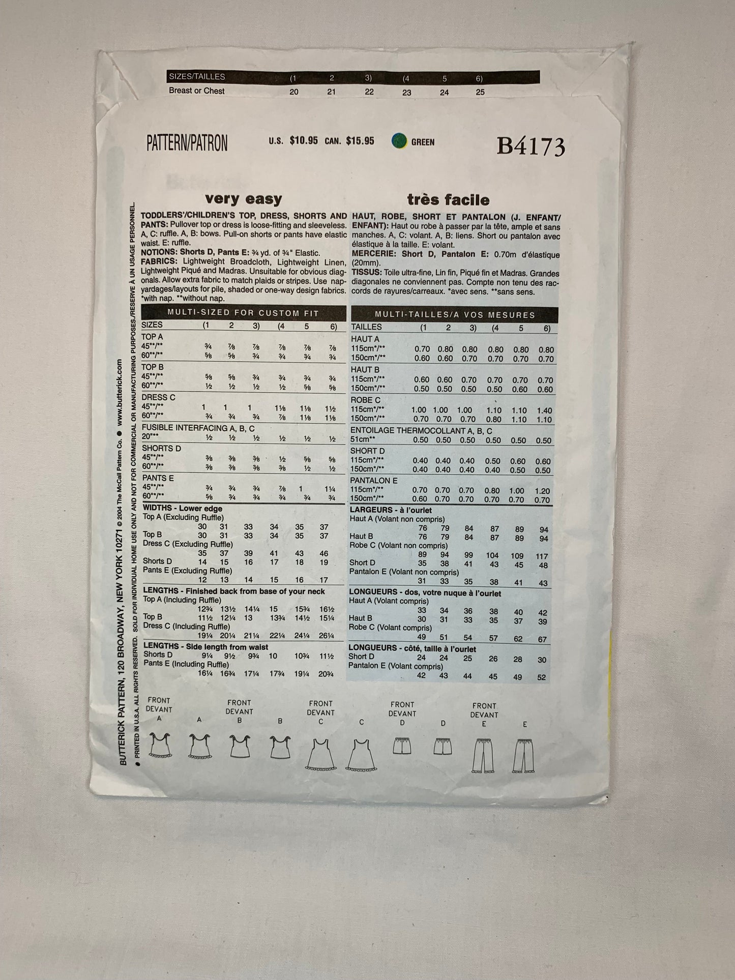Butterick Sewing Pattern B4173 Girls' Top, Dress, Shorts, Pants, Shirt, Size 4-5, Uncut, 2004