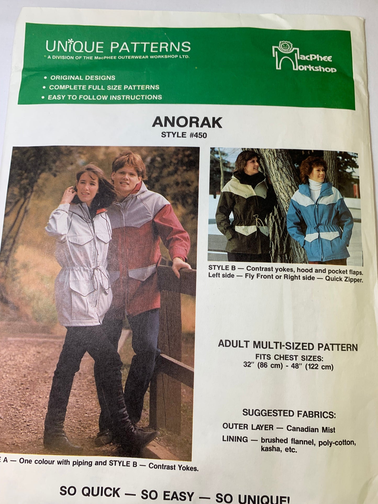 Unique Sewing Patterns Adult Anorak, Coat, Jacket, MacPhee Workshop, Pockets, Collar, Zipper Front, Size 32-48, Uncut, Vintage 1980