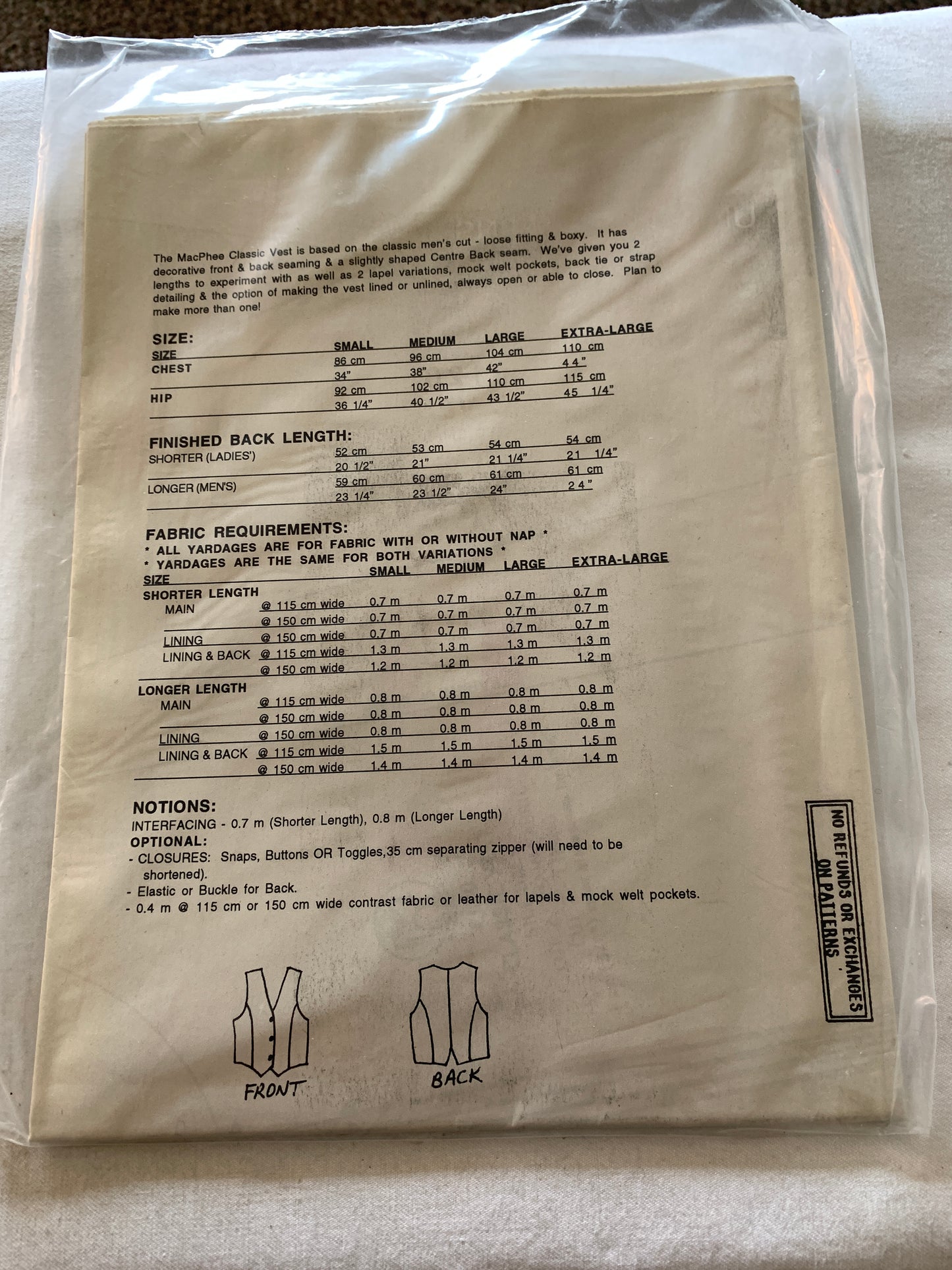 Unique Sewing Patterns 120 Adult Vest, Multi Size, Pockets, Sleeveless, Button Front, Size 34-44, Uncut, Vintage 1989