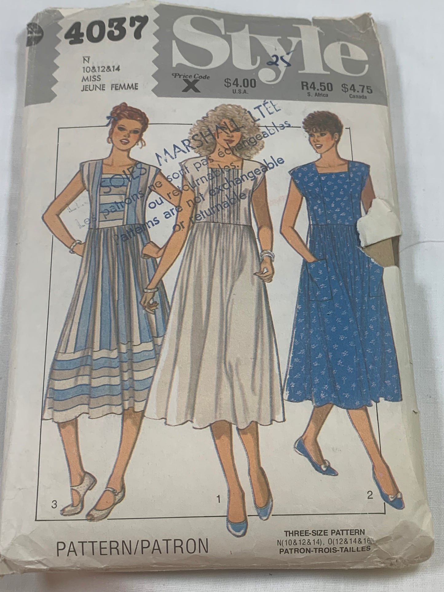 Style Sewing Pattern 4037 Misses' Dress,Square Neck, Sleeveless, Loose-Fitting, Pockets, Dirndl Skirt, Size 10-14, Cut, Vintage 1983