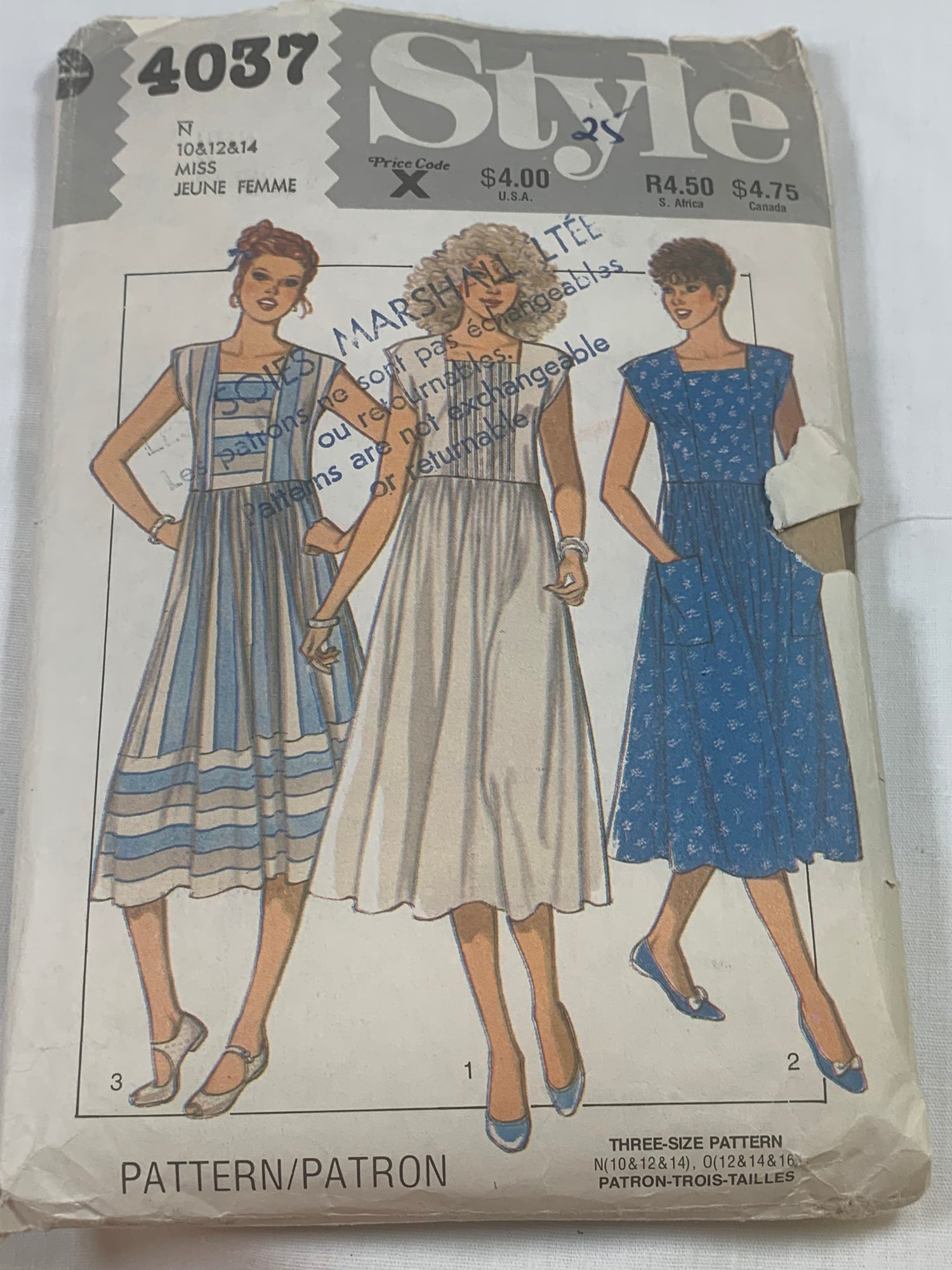 Style Sewing Pattern 4037 Misses' Dress,Square Neck, Sleeveless, Loose-Fitting, Pockets, Dirndl Skirt, Size 10-14, Cut, Vintage 1983