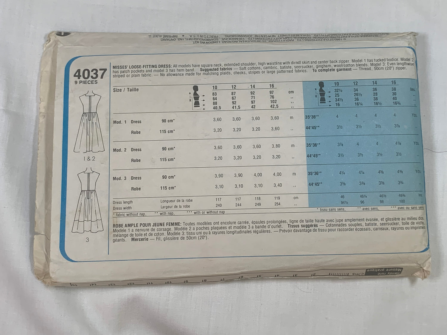 Style Sewing Pattern 4037 Misses' Dress,Square Neck, Sleeveless, Loose-Fitting, Pockets, Dirndl Skirt, Size 10-14, Cut, Vintage 1983