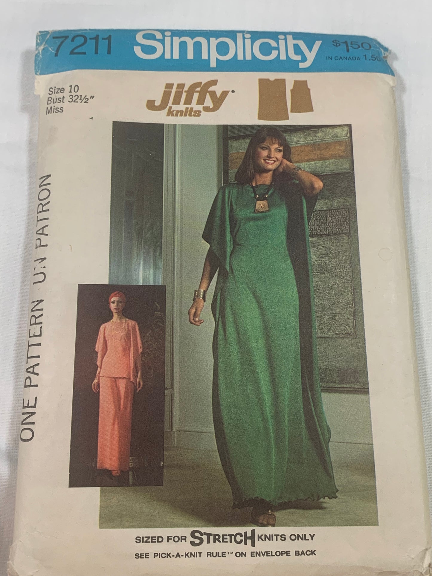 Simplicity Sewing Pattern Jiffy 7211 Misses' Pullover Caftans, Wide Leg Pegs, Round Neckline, One Size, Cut, Vintage 1975