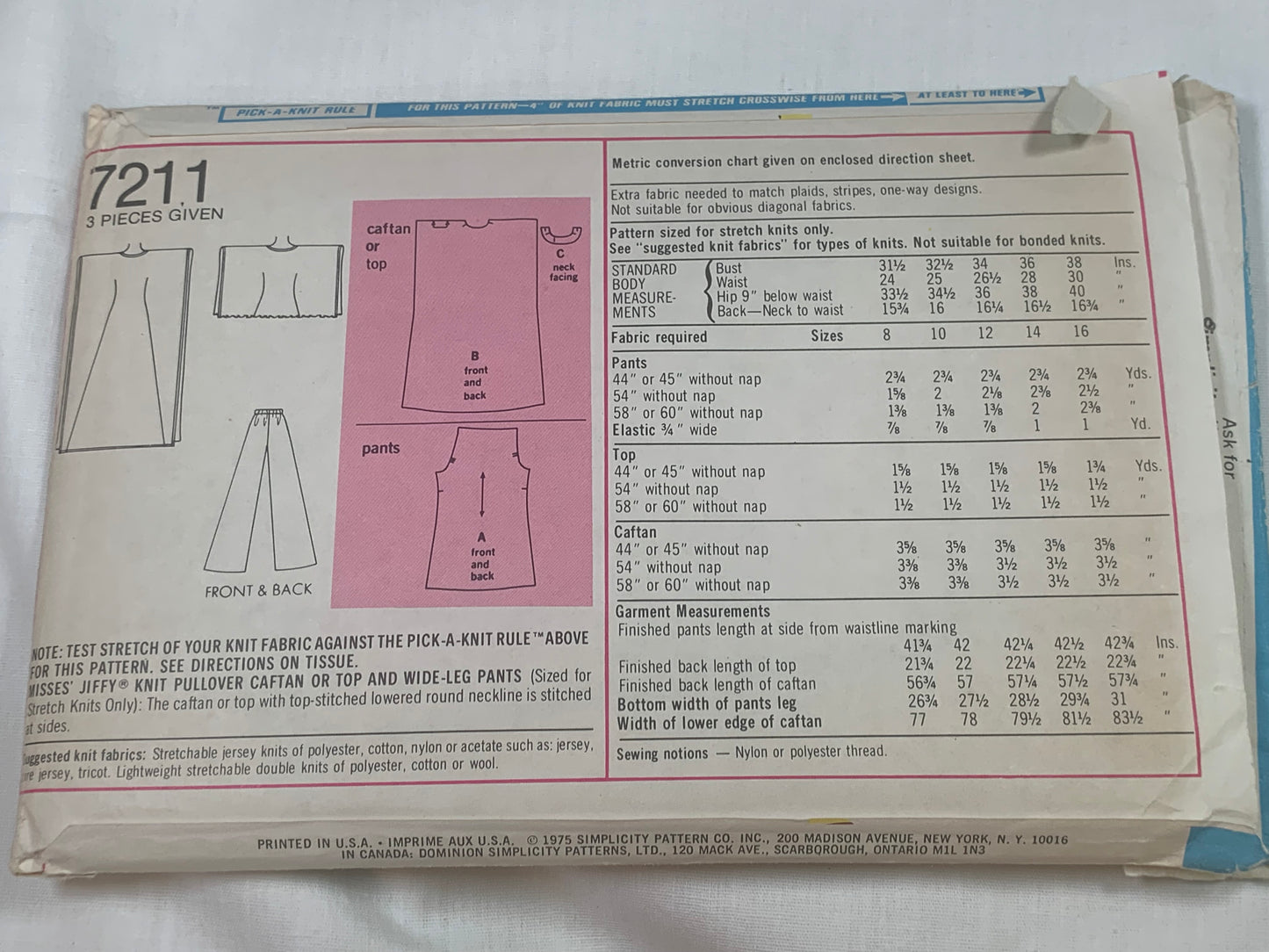 Simplicity Sewing Pattern Jiffy 7211 Misses' Pullover Caftans, Wide Leg Pegs, Round Neckline, One Size, Cut, Vintage 1975