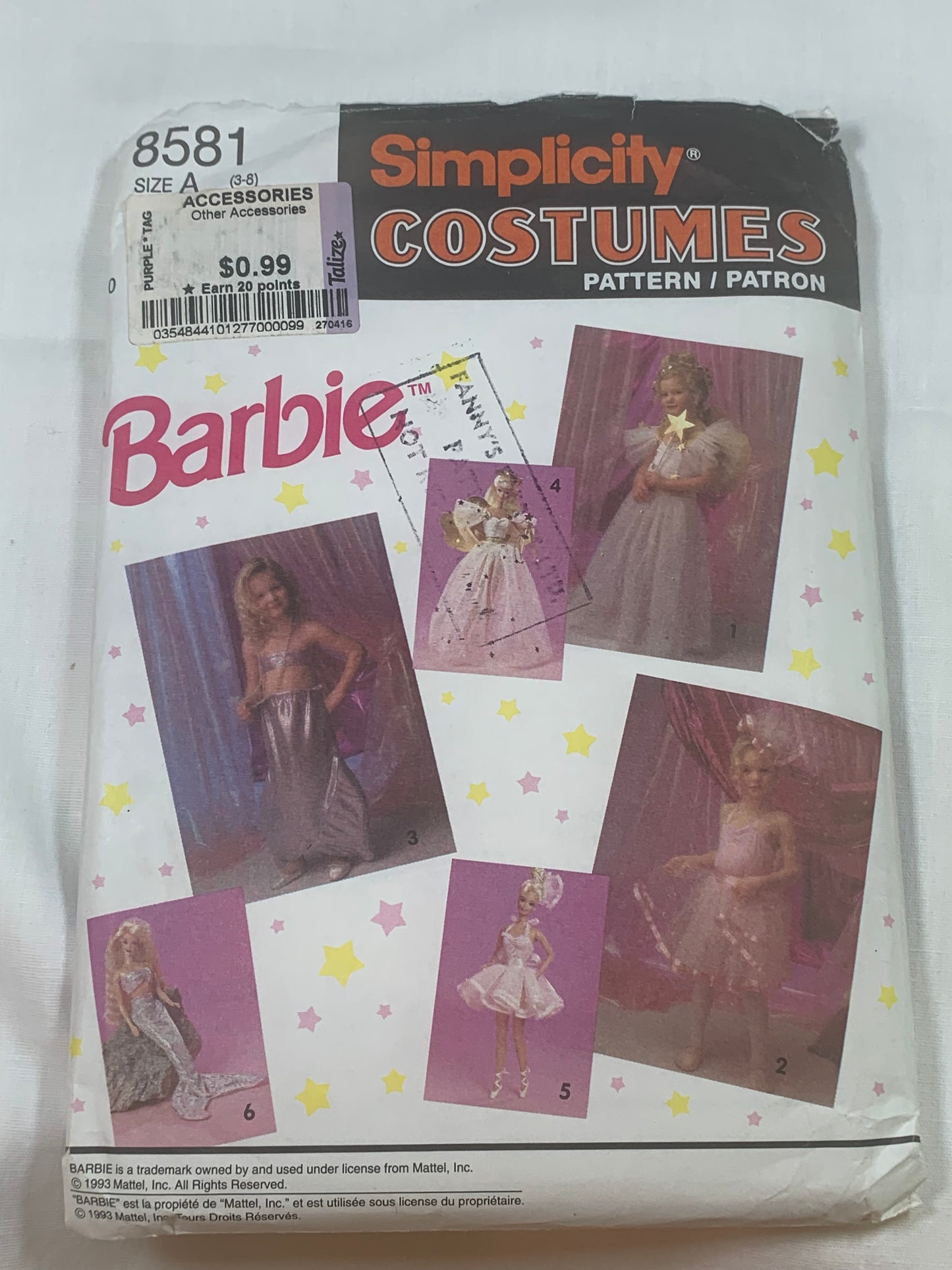 Simplicity Sewing Pattern 8581 Girls' Costume, Barbie, Doll Costume, Leotards, Skirt, Mermaid, Tutu, Fairy, Wings, Size 3-8, Cut, Vintage 1993