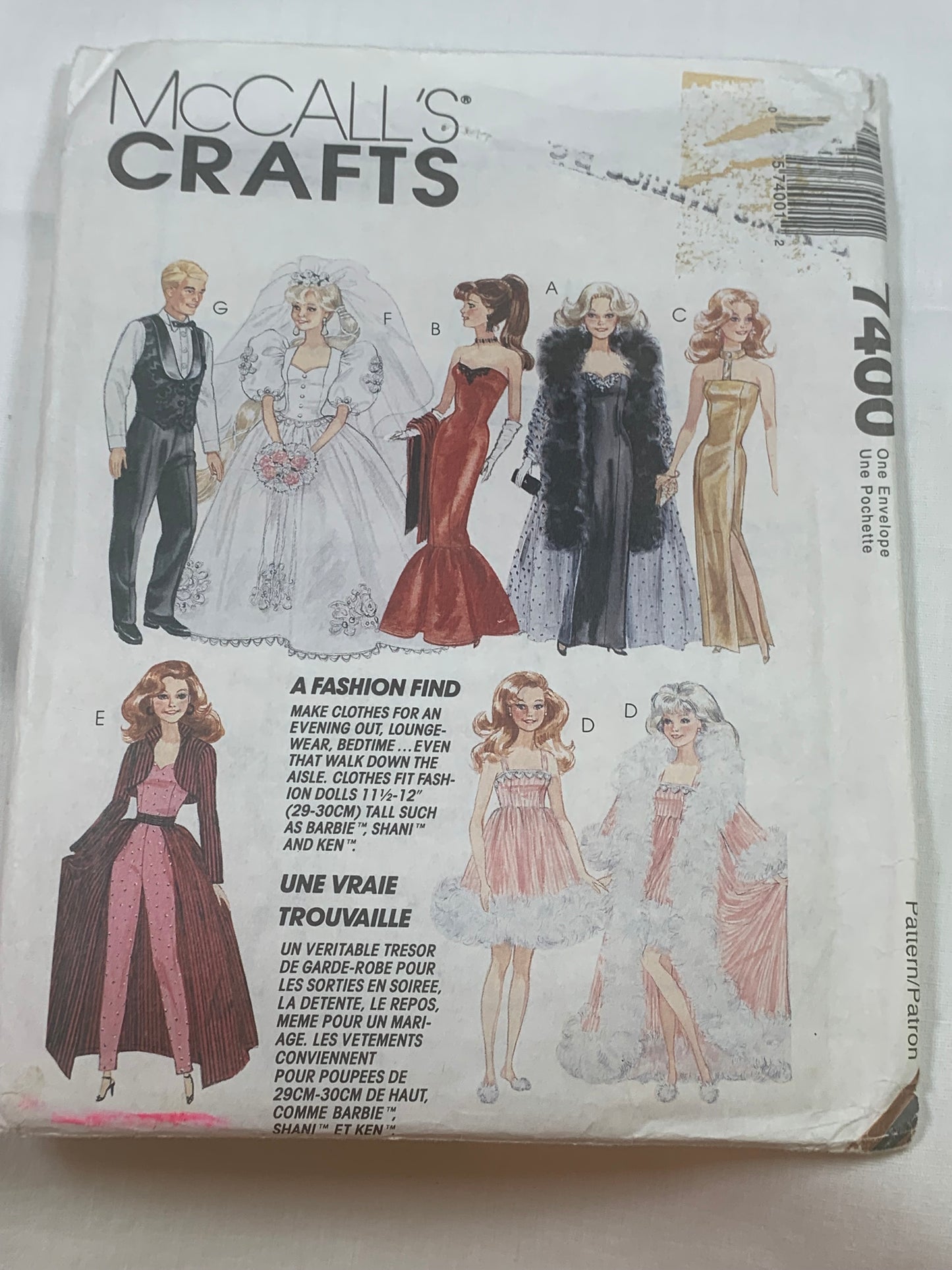McCall's Sewing Pattern 7400 Crafts, Fashion Doll Wardrobe, Accessories, Clothes, Bridal, Skirt, Robe, 11-12 Inch Doll, Dress, Pants, Cut, Vintage 1994