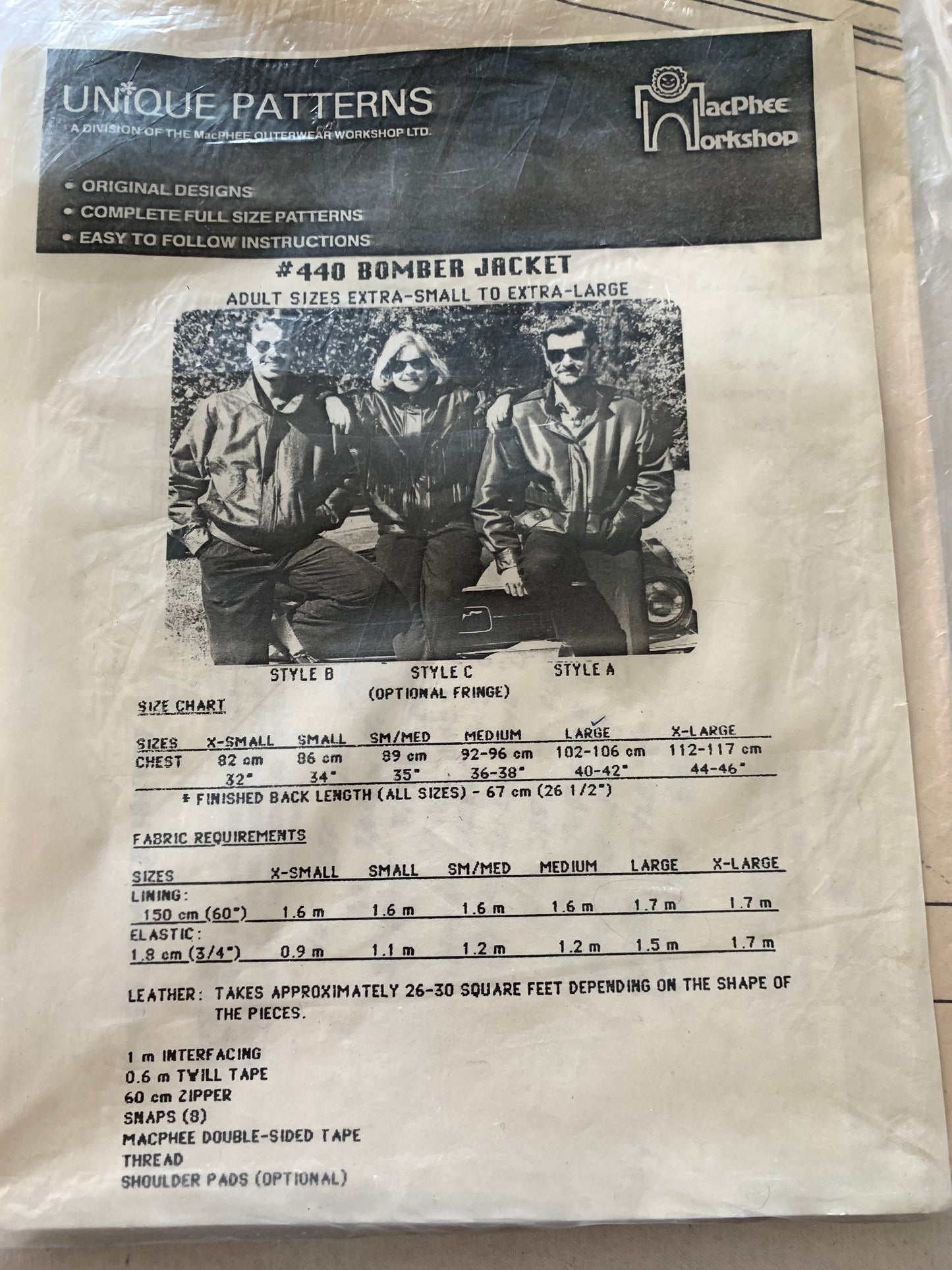 Unique Sewing Patterns 440 Misses' Adult Bomber Jacket, Pockets, Zipper Front, Size 32-46, Uncut, Vintage 1990