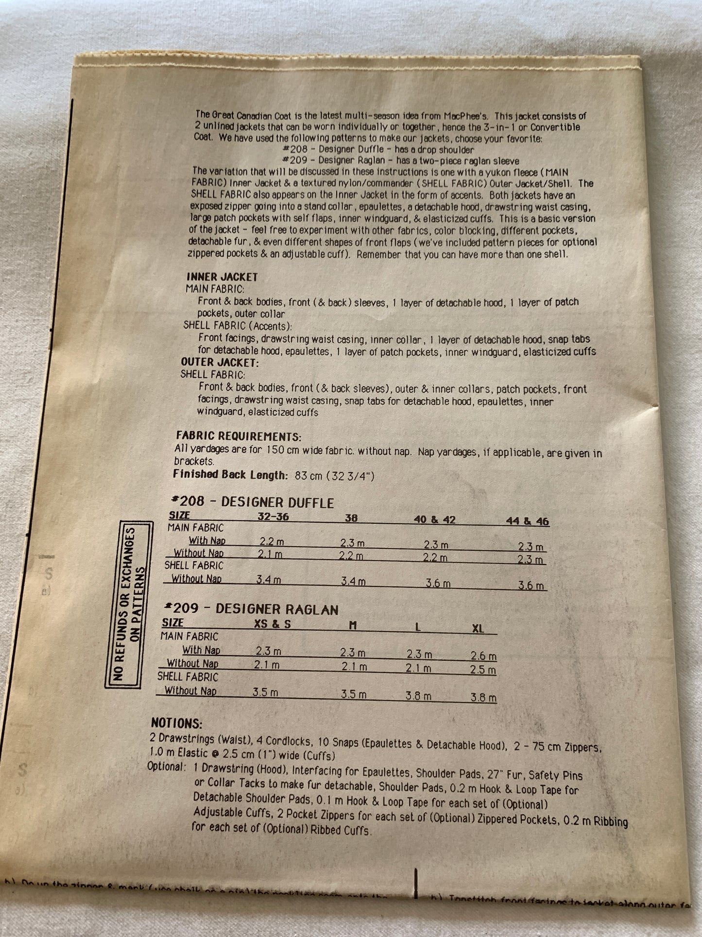Unique Sewing Patterns 444, The Canadian Coat, Adult, 3 In One Jacket, Multi-Sized, MacPhee Workshop, Size 32-46, Uncut, 1993