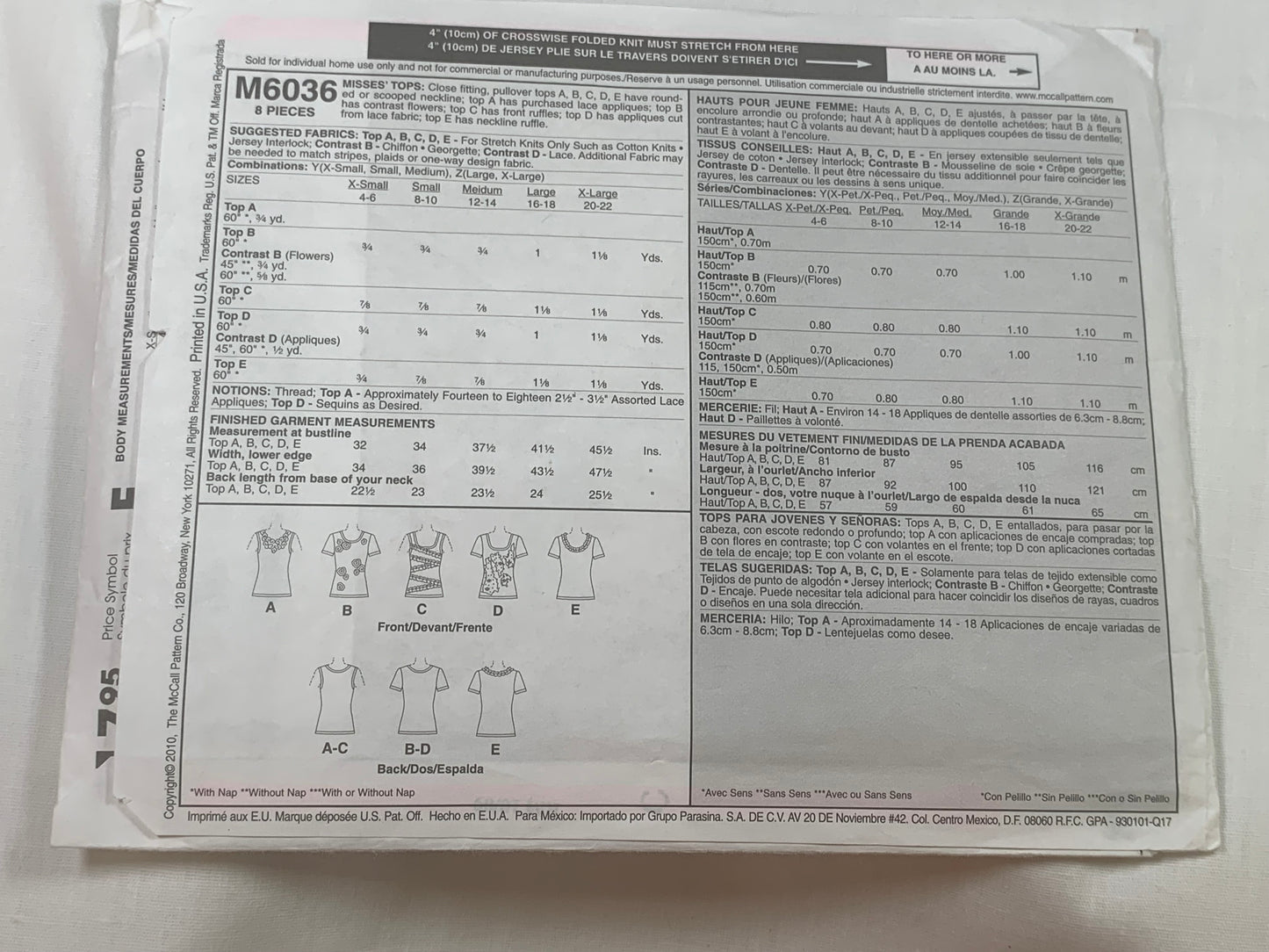 McCall's Sewing Pattern M6036 Misses' Tops, Stretch Knits Only, Pullover, Short Sleeves, Close-Fitting, 5 Variations, Size 4-14, Cut, 2010