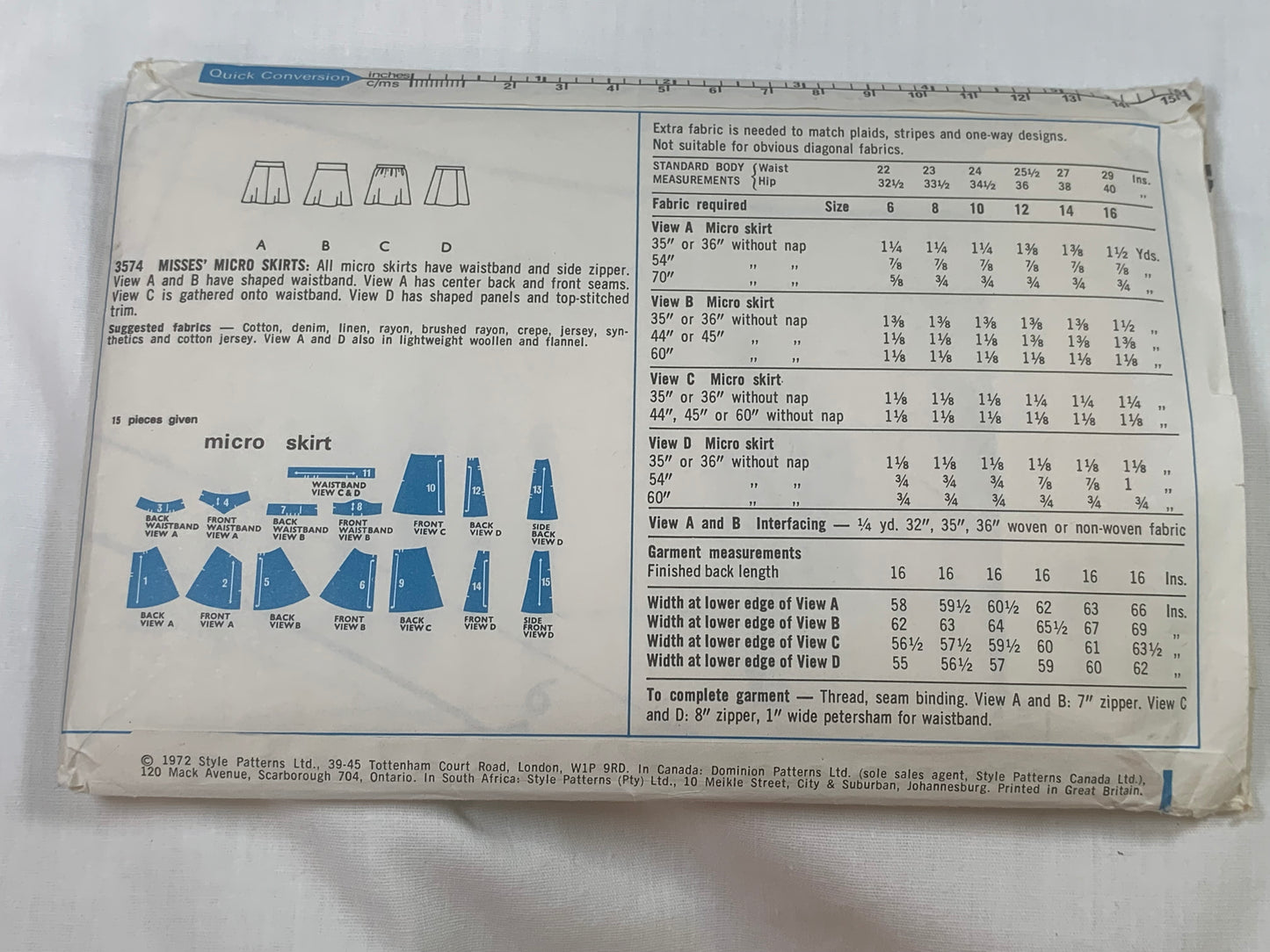 Style Sewing Pattern 3574 Misses' Micro Skirt,4 Variations, Side Zipper, Panels, Waistband, Size 8, Cut, Vintage 1972