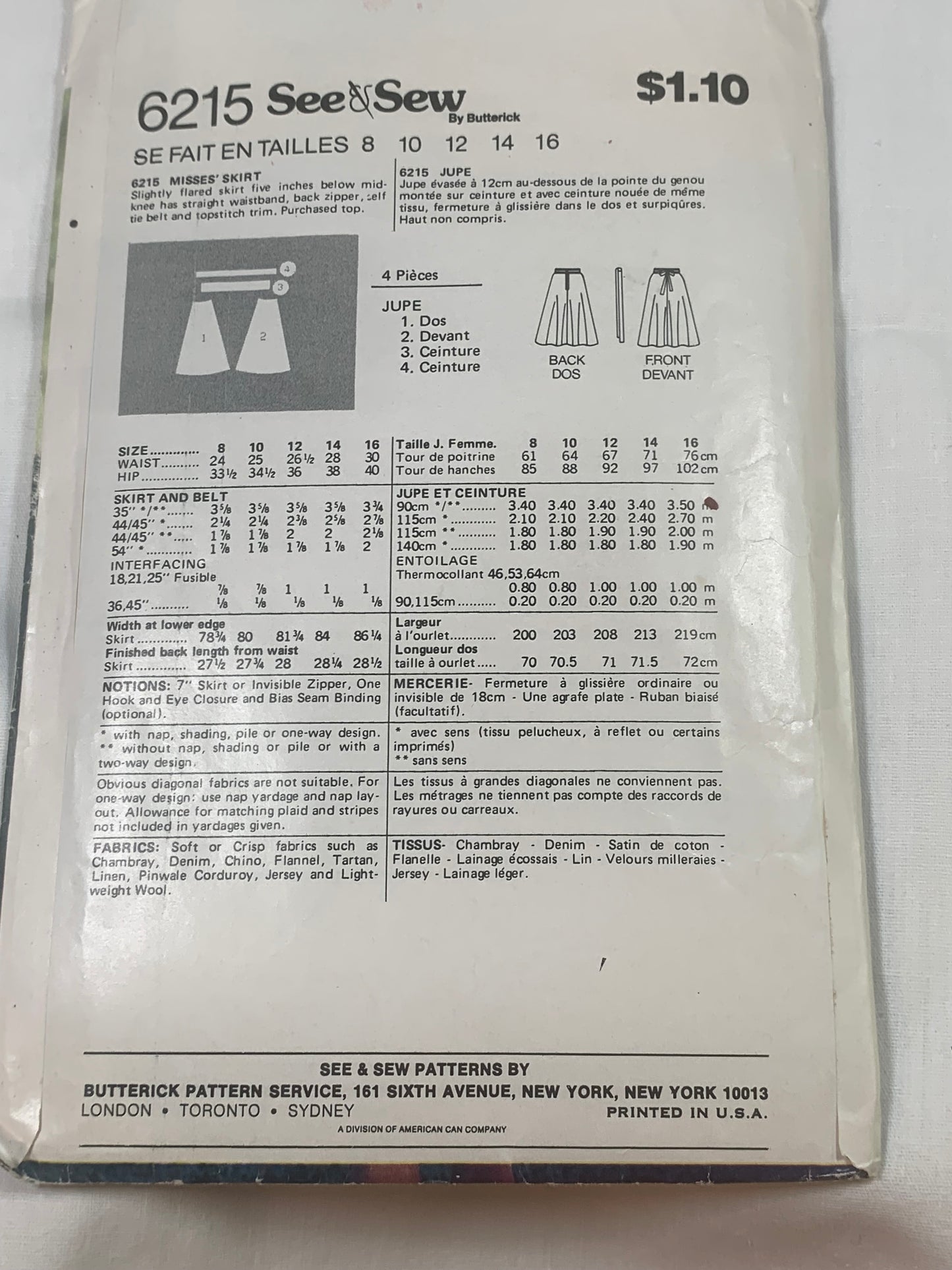 Butterick Sewing Pattern See & Sew 6215 Misses' Skirt, Flared, Zipper Back, Tie Belt, Size 12-24, Cut, Vintage 1989