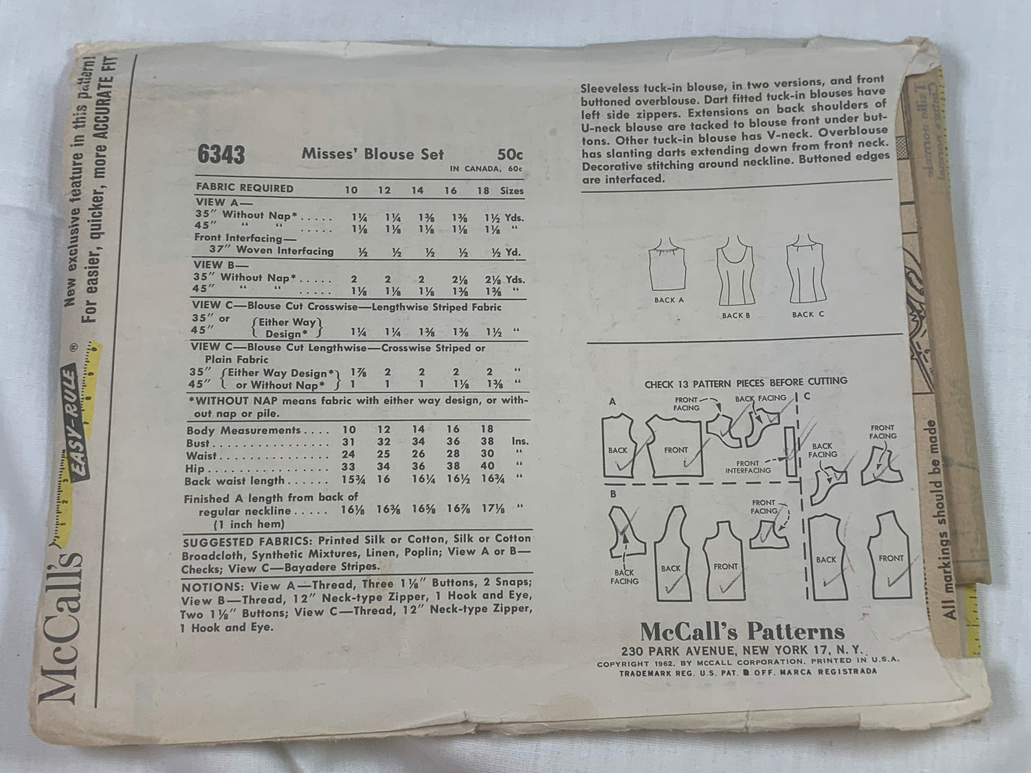 McCall's Sewing Pattern 6343 Misses' Blouse,Three Variations, Sleeveless, Button Front, Zipper Back, Size 10, Cut, Vintage 1962