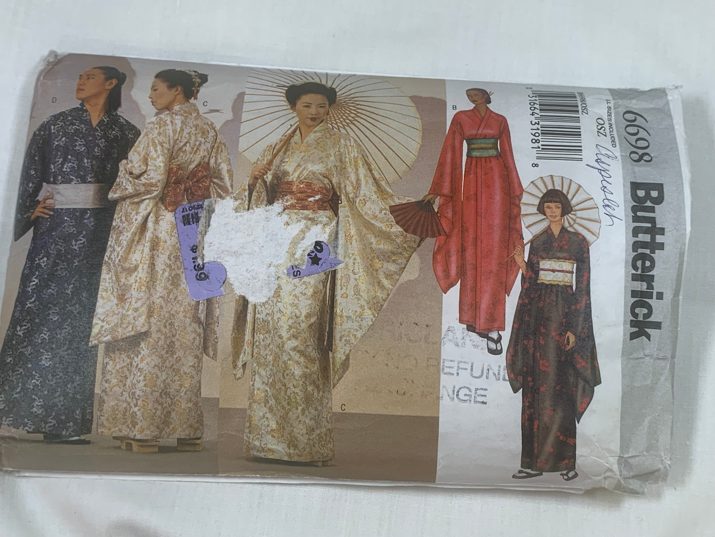 Butterick Sewing Pattern 6698 Men's/Misses' Robe, Obi, Sash, Costumes, Loose-Fitting, Two Lengths, Long/Short Sleeves, Size 32-48, Uncut, 2001