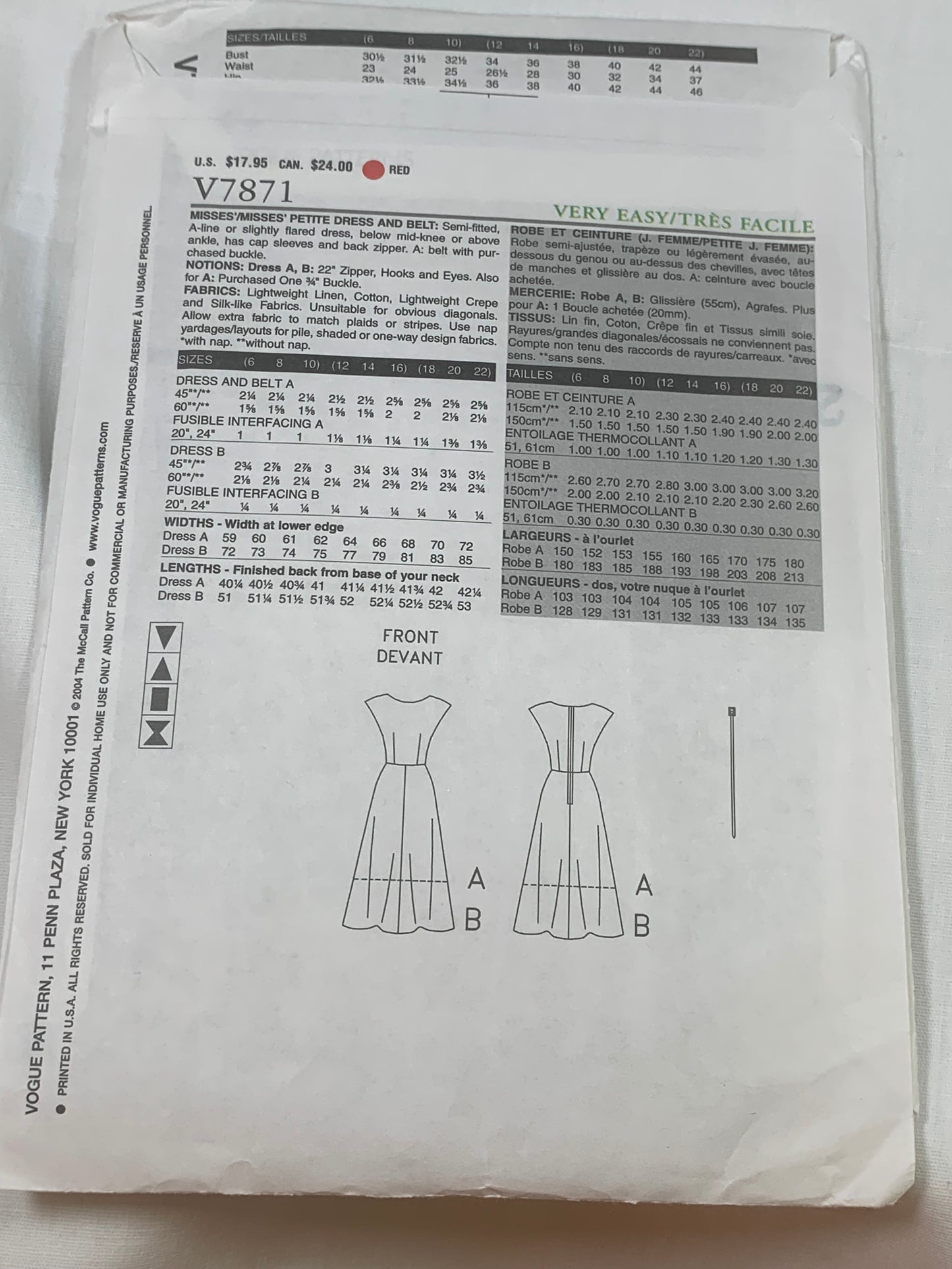 Vogue Sewing Pattern V7871 Misses'/Misses' Petite Dress, Belt, Cap Sleeves, Zipper Back, Semi-Fitted, A-Line, Size 12-16, Uncut, 2004