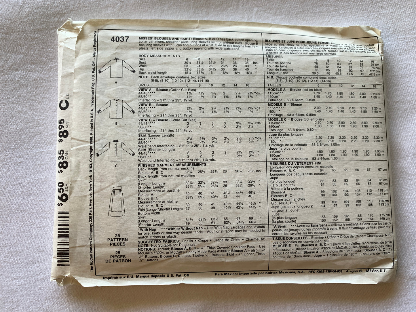 McCall's Sewing Pattern 4037 Misses' Blouse, Skirt, Shoulder Pads, Two Lengths, 3 Variations, Size 10-12, Uncut, Vintage 1988
