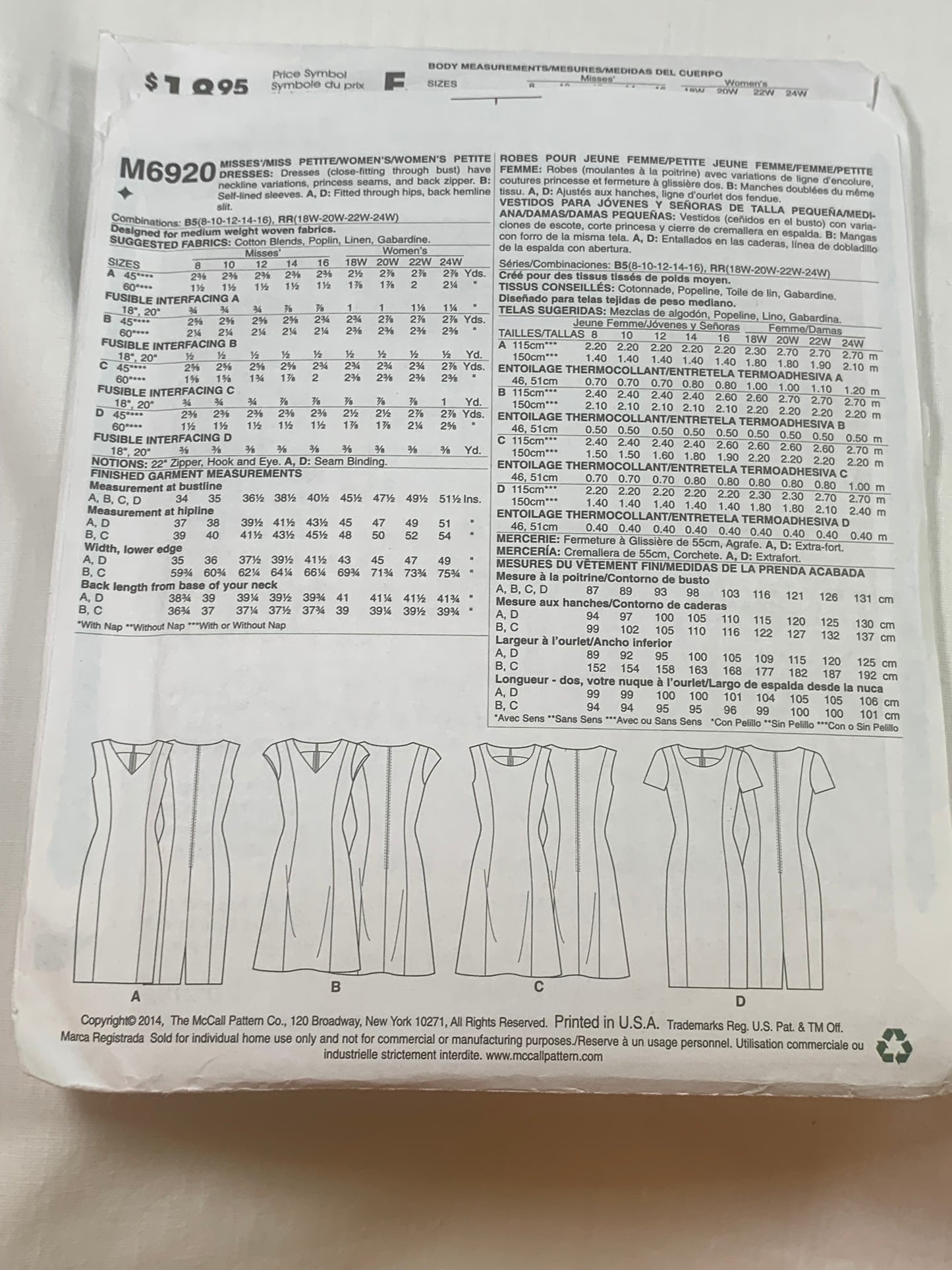 McCall's Sewing Pattern M6920 Misses'/Miss Petite Dresses, Close-Fitting, Short Sleeves, Sleeveless, Princess Seams, Zipper Back, Size 8-16, Uncut, 2014
