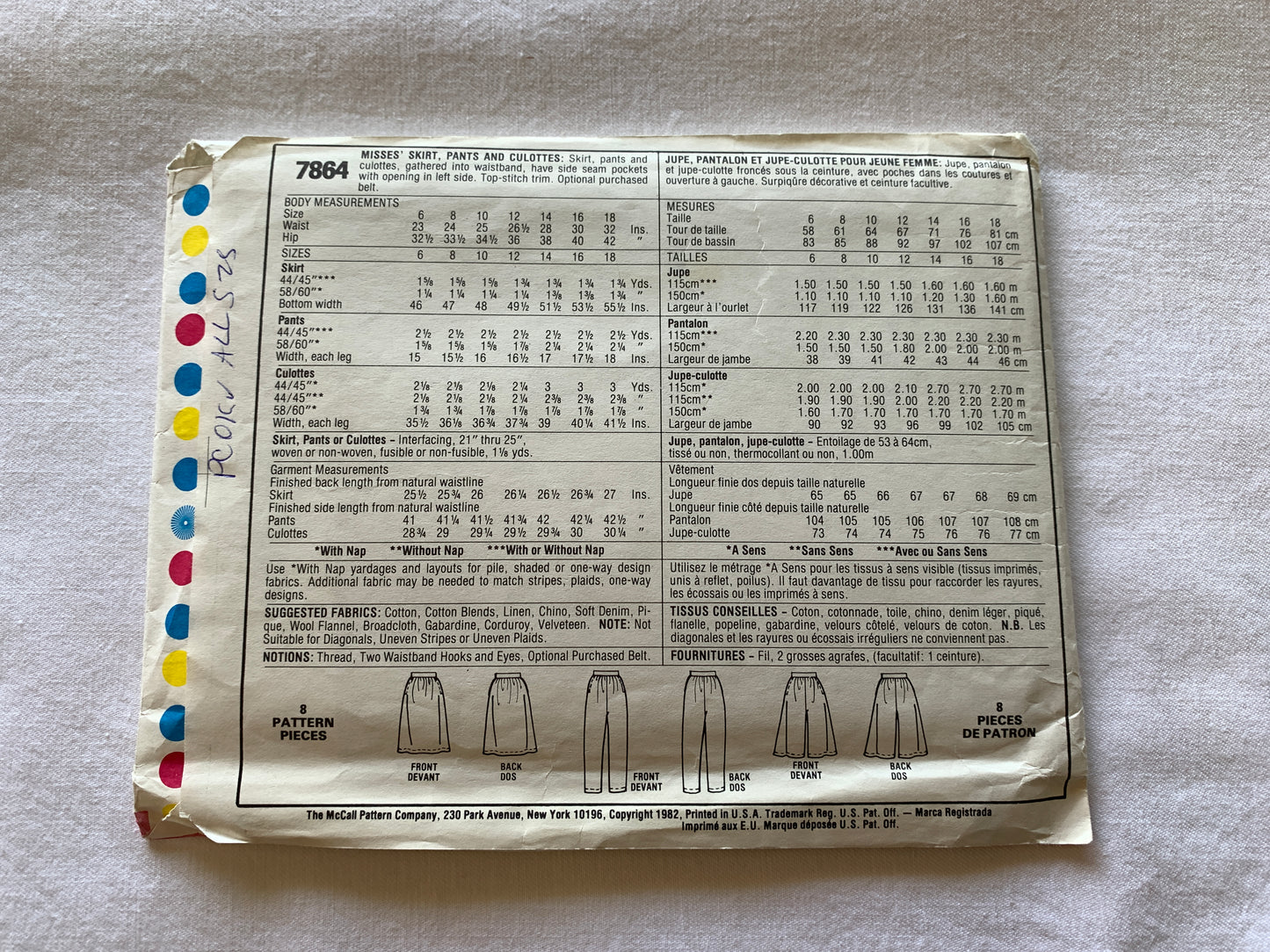 McCall's Sewing Pattern 7864 Misses' Culottes, Pants, Skirt, Elastic Waist, Pockets, Size 6-10, Cut, Vintage 1982