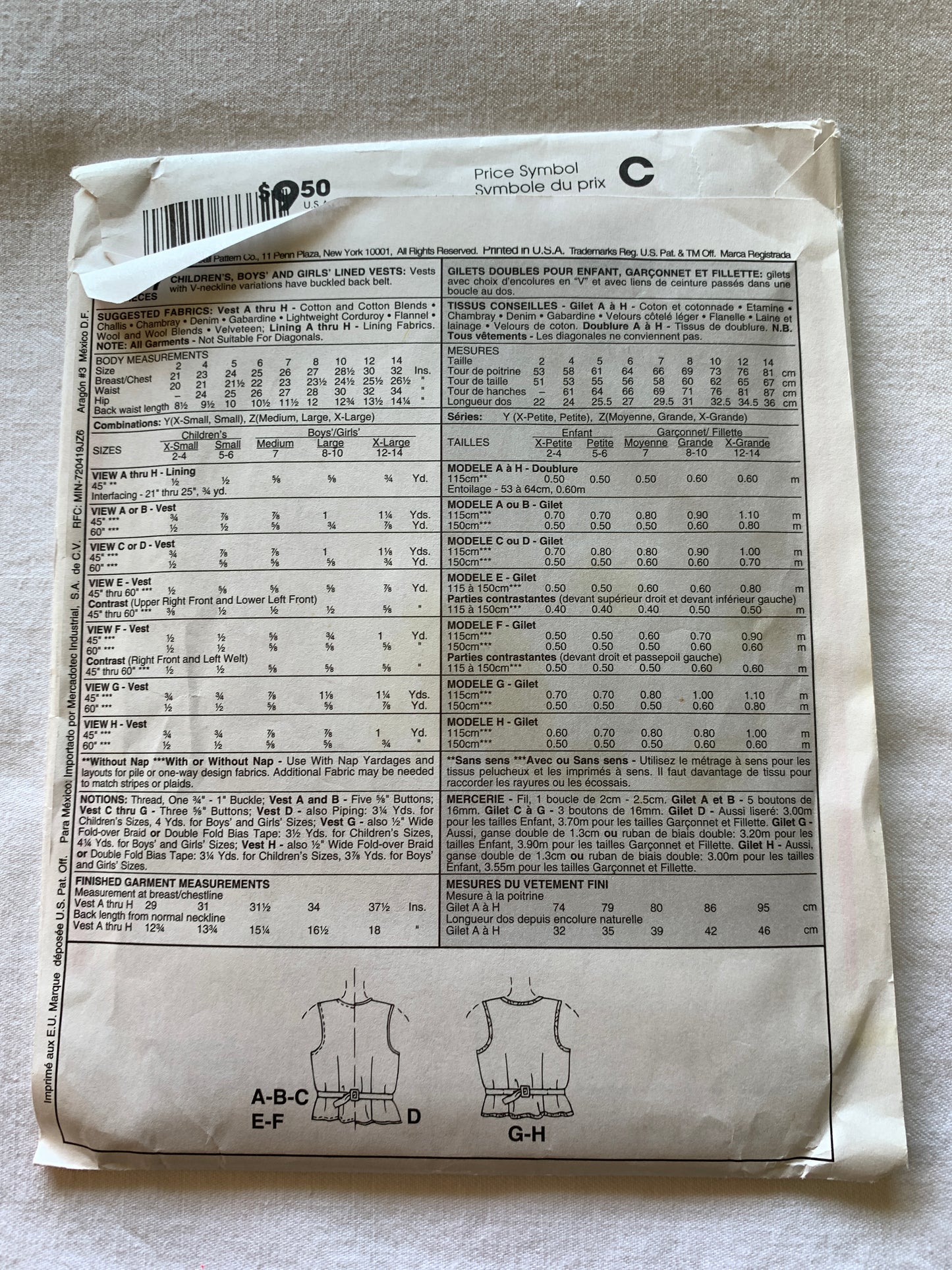 McCall's Sewing Pattern 8337 Children/Boys/Girls' Vests, Button Front, Sleeveless, Fitted, Lined, 9 Variations, Size 7-14, Uncut, Vintage 1996