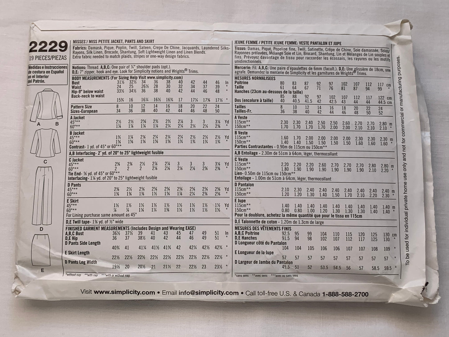 Simplicity Sewing Pattern 2229 Misses'/Misses' Petite Jacket, Skirt, Pants, Princess Seams, Zipper Back, Tie Front, Size 20-24, Uncut, 2011
