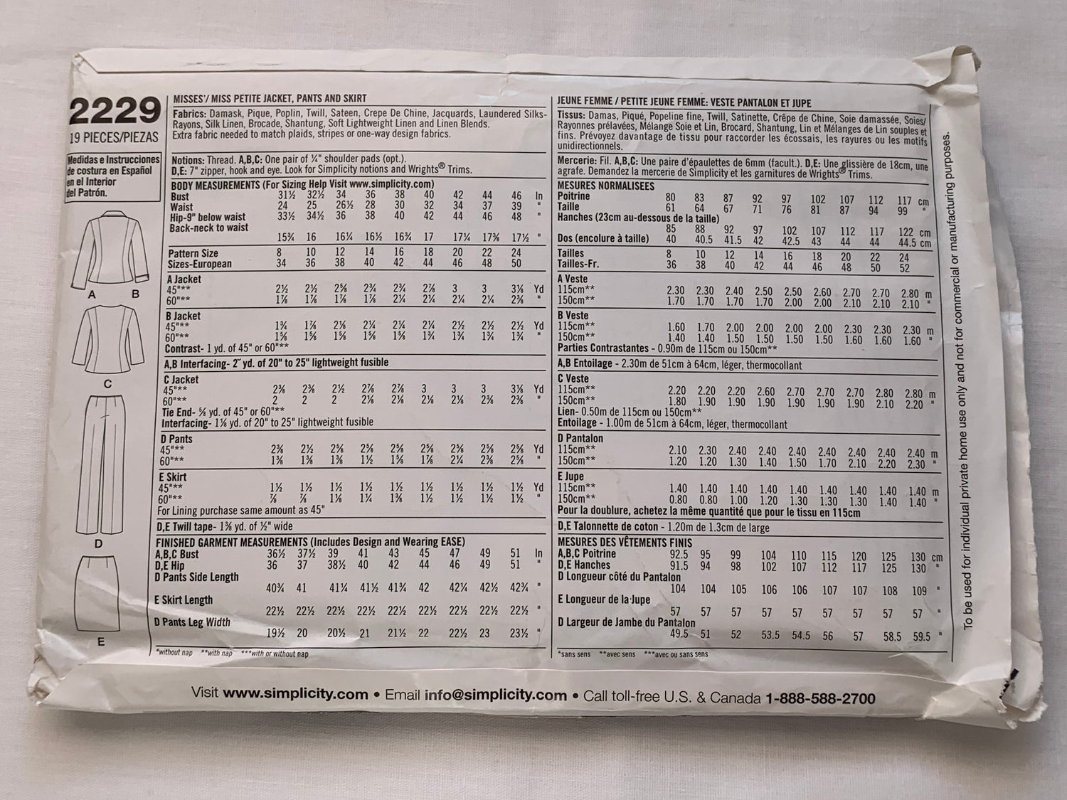 Simplicity Sewing Pattern 2229 Misses'/Misses' Petite Jacket, Skirt, Pants, Princess Seams, Zipper Back, Tie Front, Size 20-24, Uncut, 2011