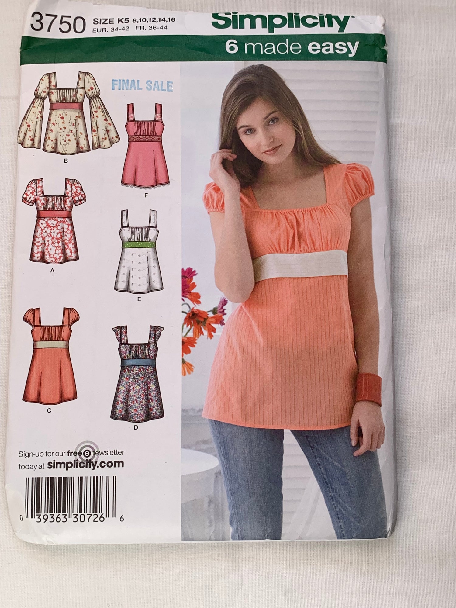 Simplicity Sewing Pattern 3750 Misses' Tunic, Top, Pullover, Long/Short Sleeves, Tie Back, Size 8-16, Uncut, 2007