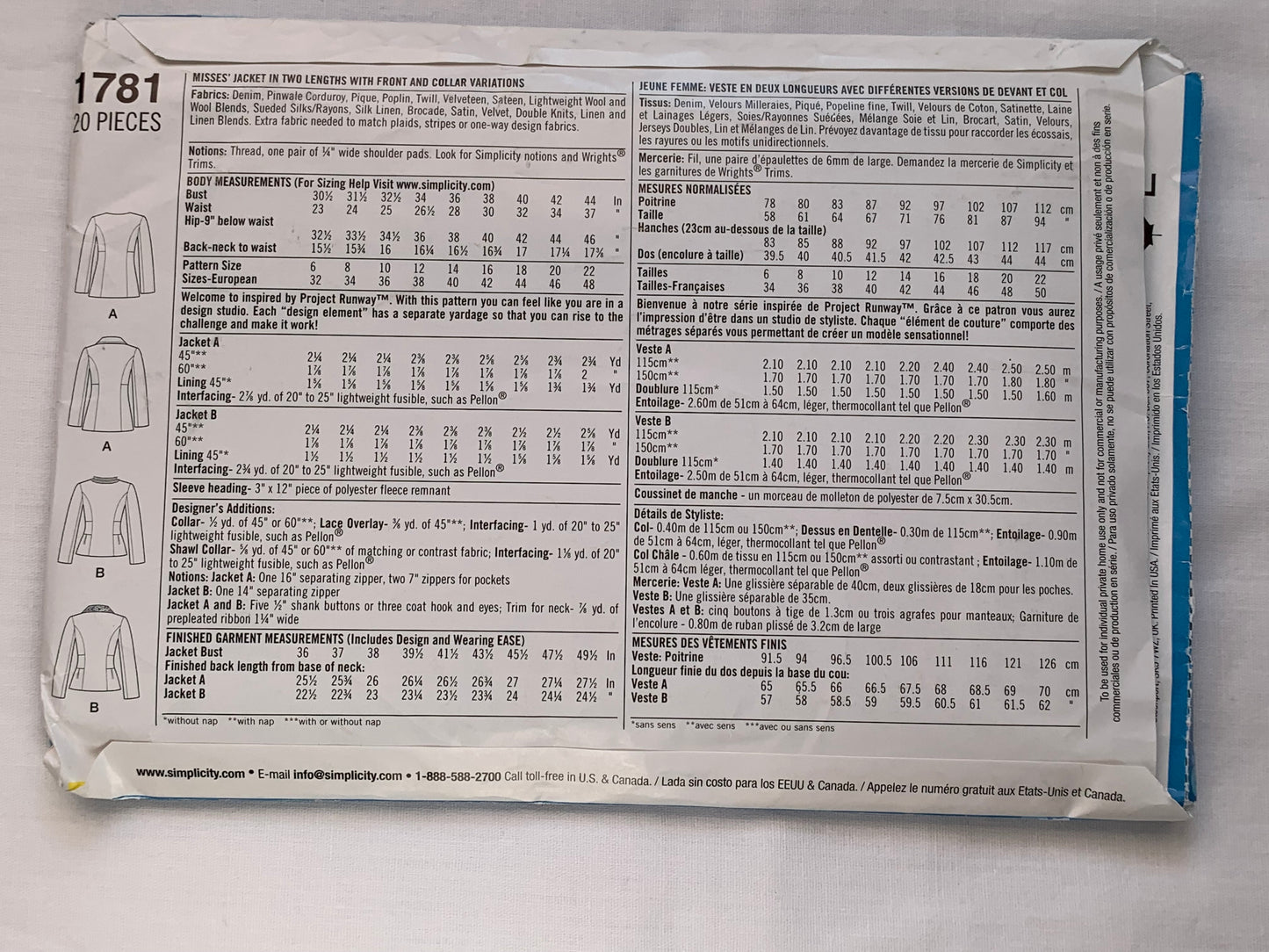 Simplicity Sewing Pattern 1781 Project Runway, Misses' Jacket, Coats, Two Lengths, Collar, Button Front, Pockets, Size 14-222, Uncut, 2012