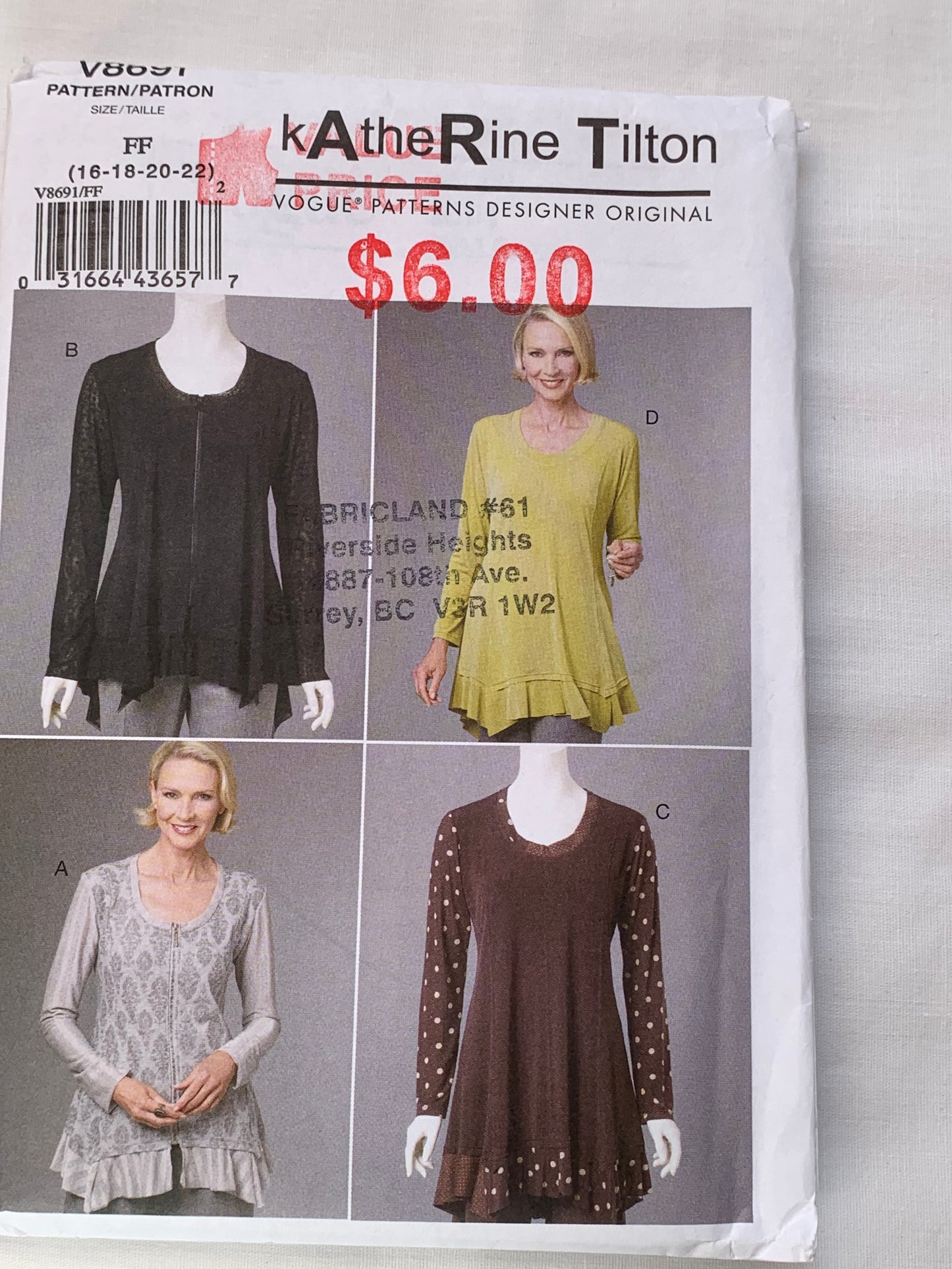 Vogue Sewing Pattern V8691, Katherine Tilton, Misses' Top, Shirts,Semi-Fitted, Long Sleeves, Zipper Front, Size 16-22, Uncut, 2010