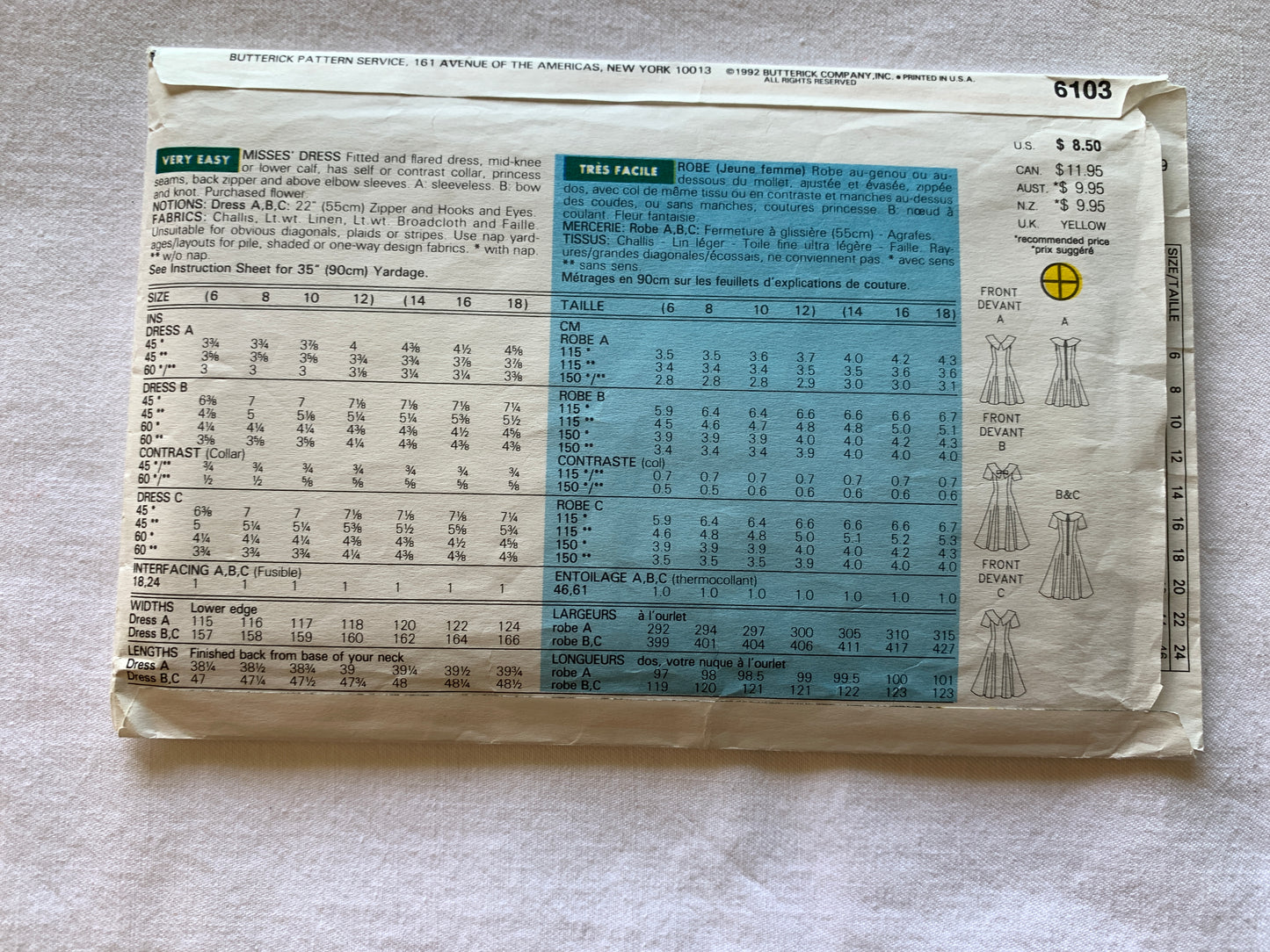 Butterick Sewing Pattern 6103 Misses' Dress, Two Lengths, Fitted, Zipper, Back, Princess Seams, Collar, Elbow Sleeves, Size 6-12, Cut, Vintage 1992