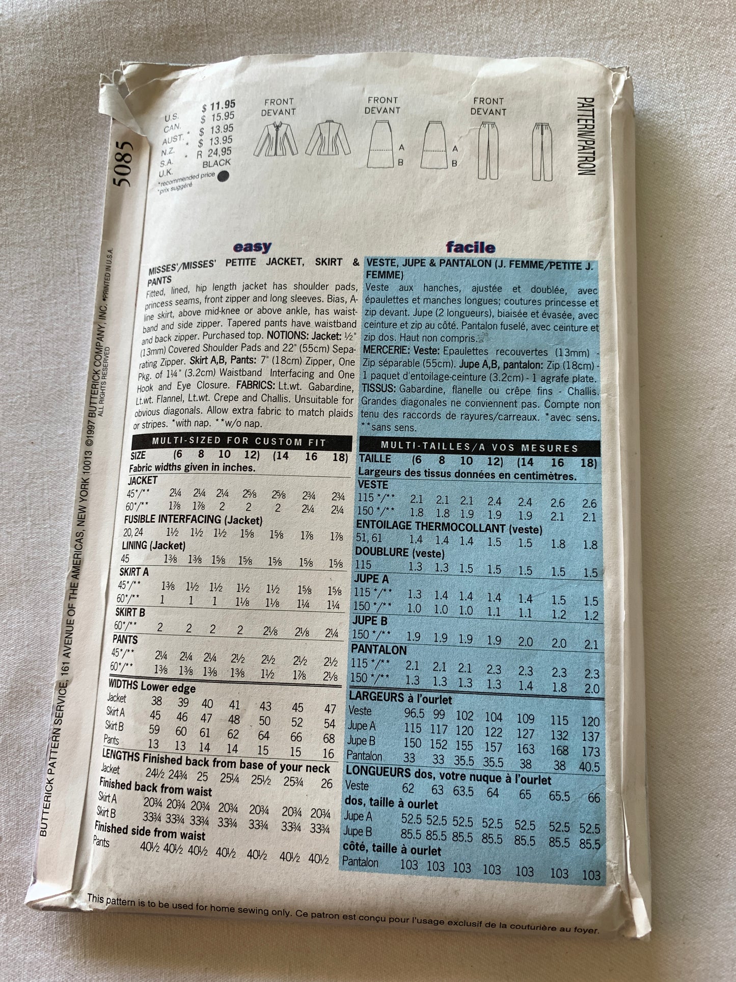 Butterick Sewing Pattern 5085 Misses'/Misses' Petite Jacket, Skirt, Pants, Fitted, Shoulder Pads, Zipper, Long Sleeves, Lined Size 14-18, Uncut, Vintage 1997