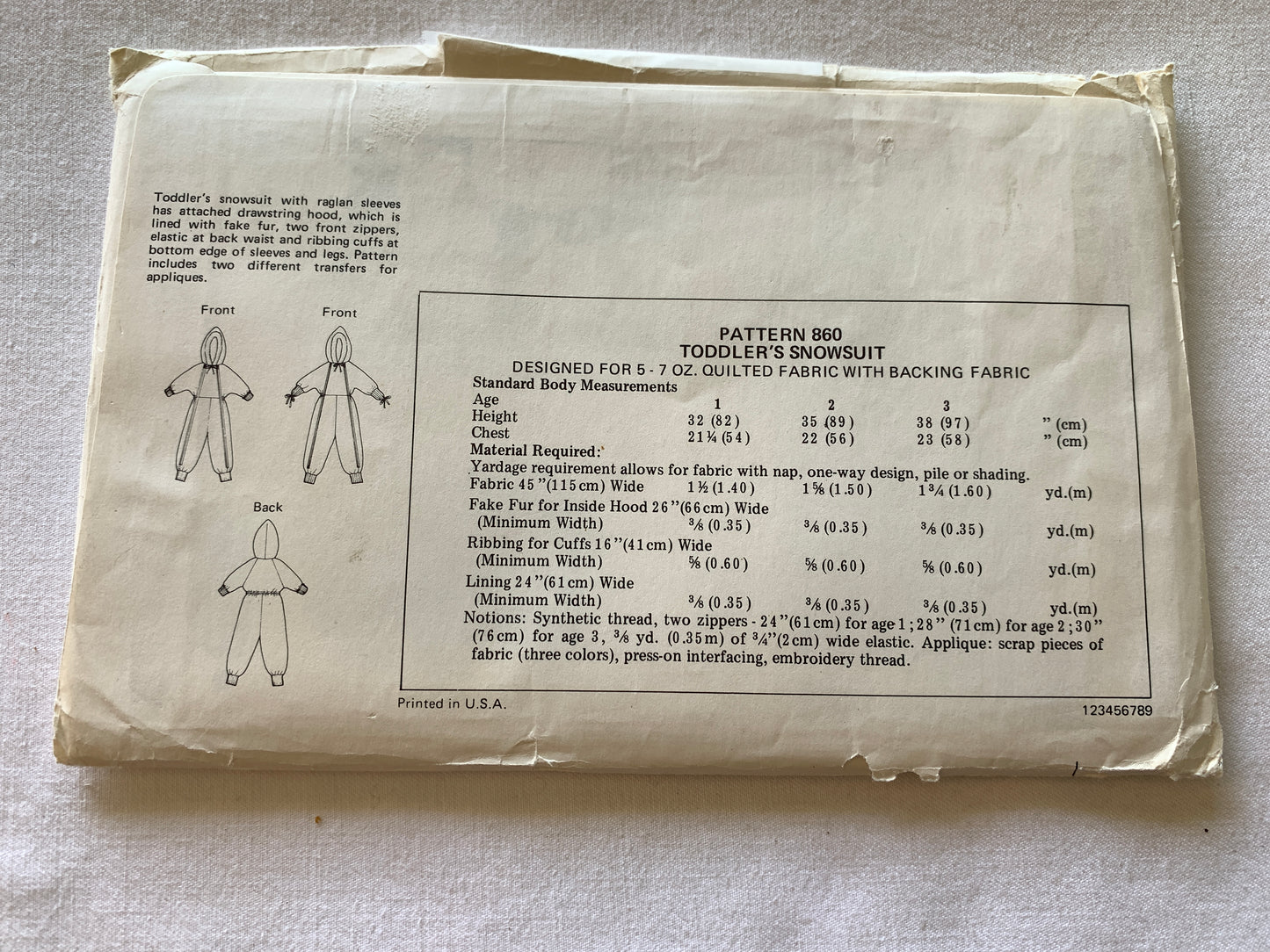 Kwik Sewing Pattern 860 Toddler's Baby Snowsuit, Zipper Front, Raglan Sleeves, Size 1-3, Uncut, Vintage 1990