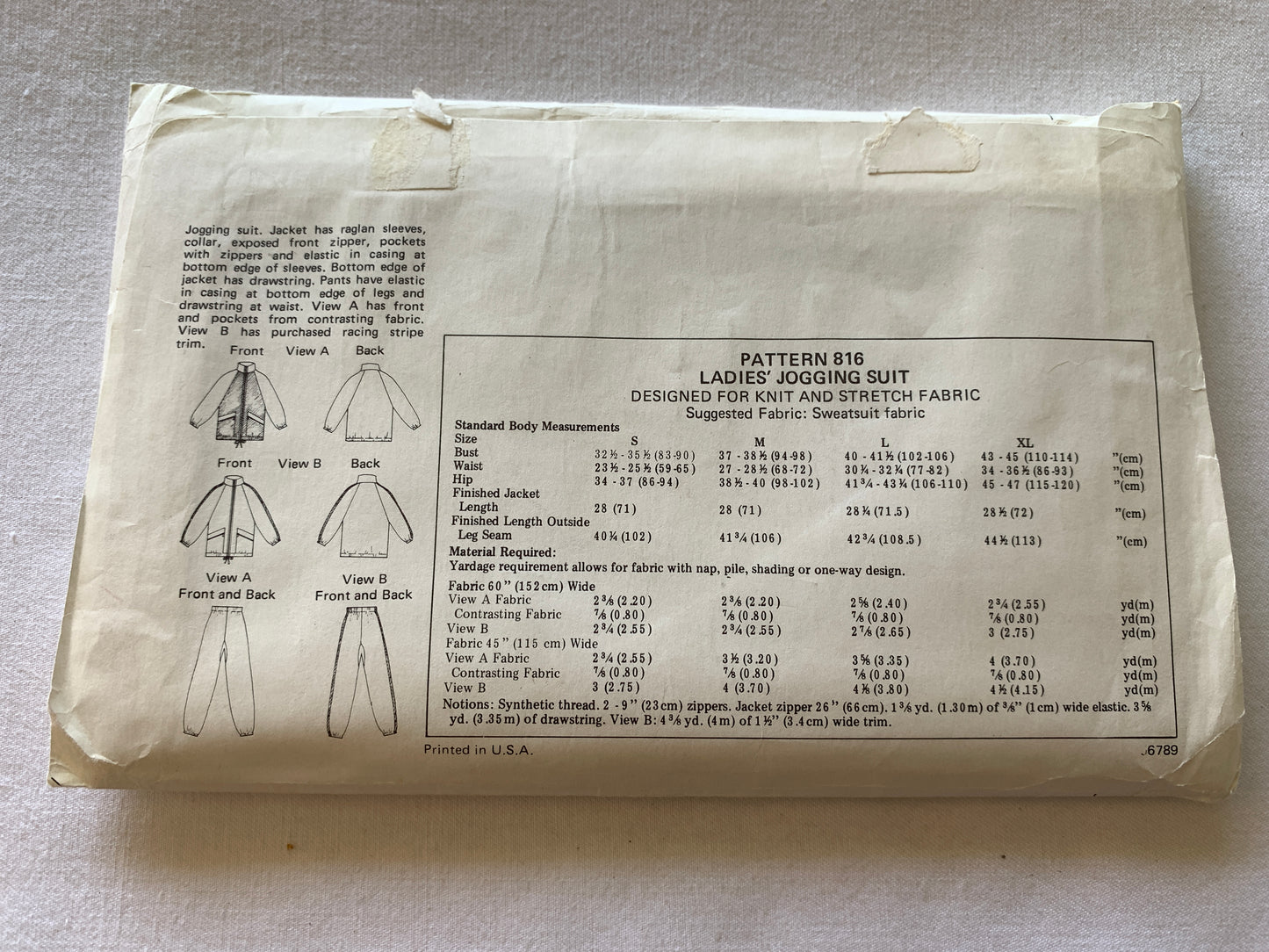 KWIK Sewing Pattern 816 Misses' Pants, Tops, Jogging Suit, Zipper Front, Dropped Shoulders, Elastic Waist, Size 32-45, Uncut, Vintage 1980