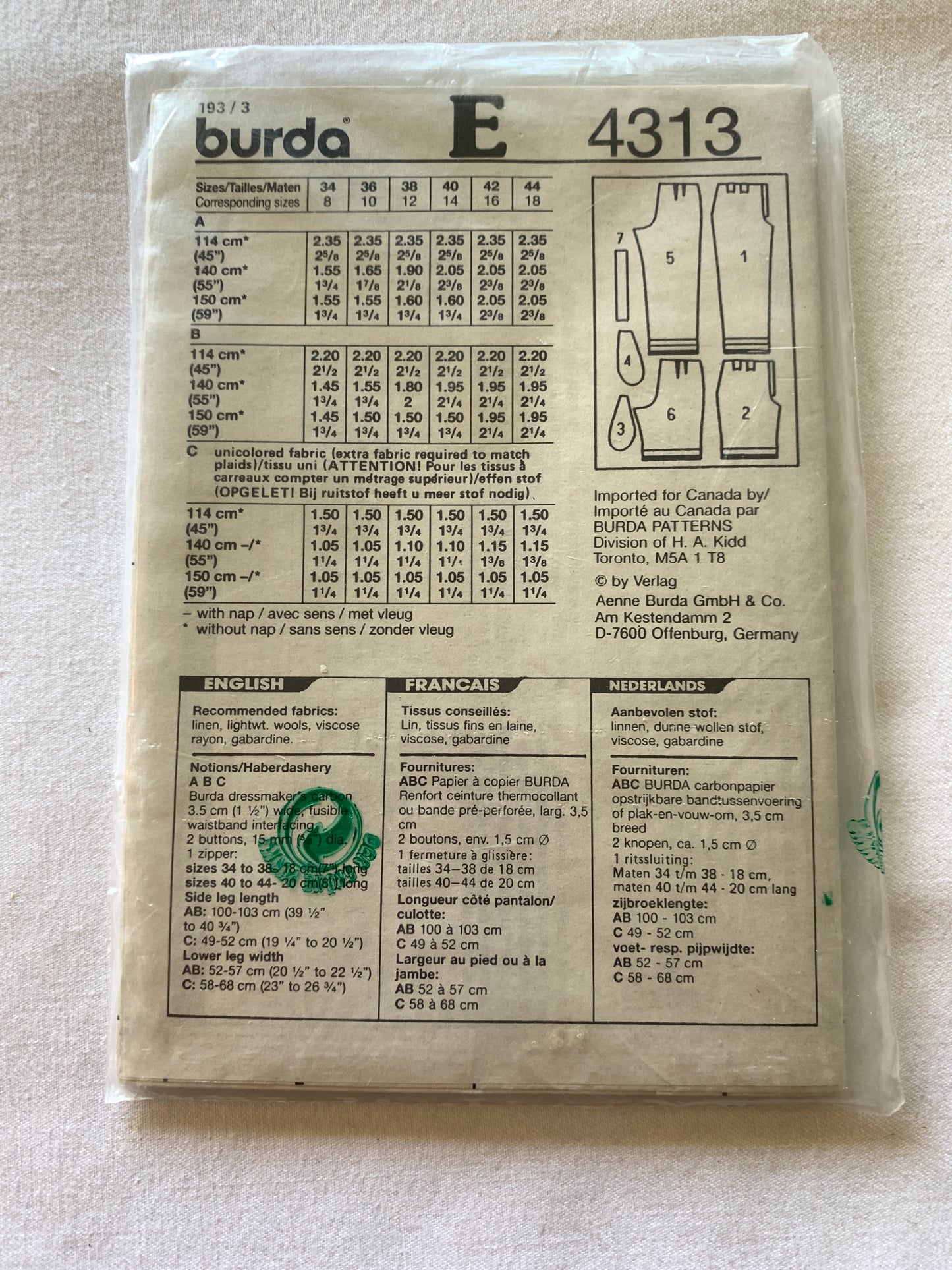 Burda Sewing Pattern 4313 Misses' Pants, Shorts, Zipper Fly, Semi-Fitted, Pockets, 3 Variations, Size 8-18, Uncut, 2017