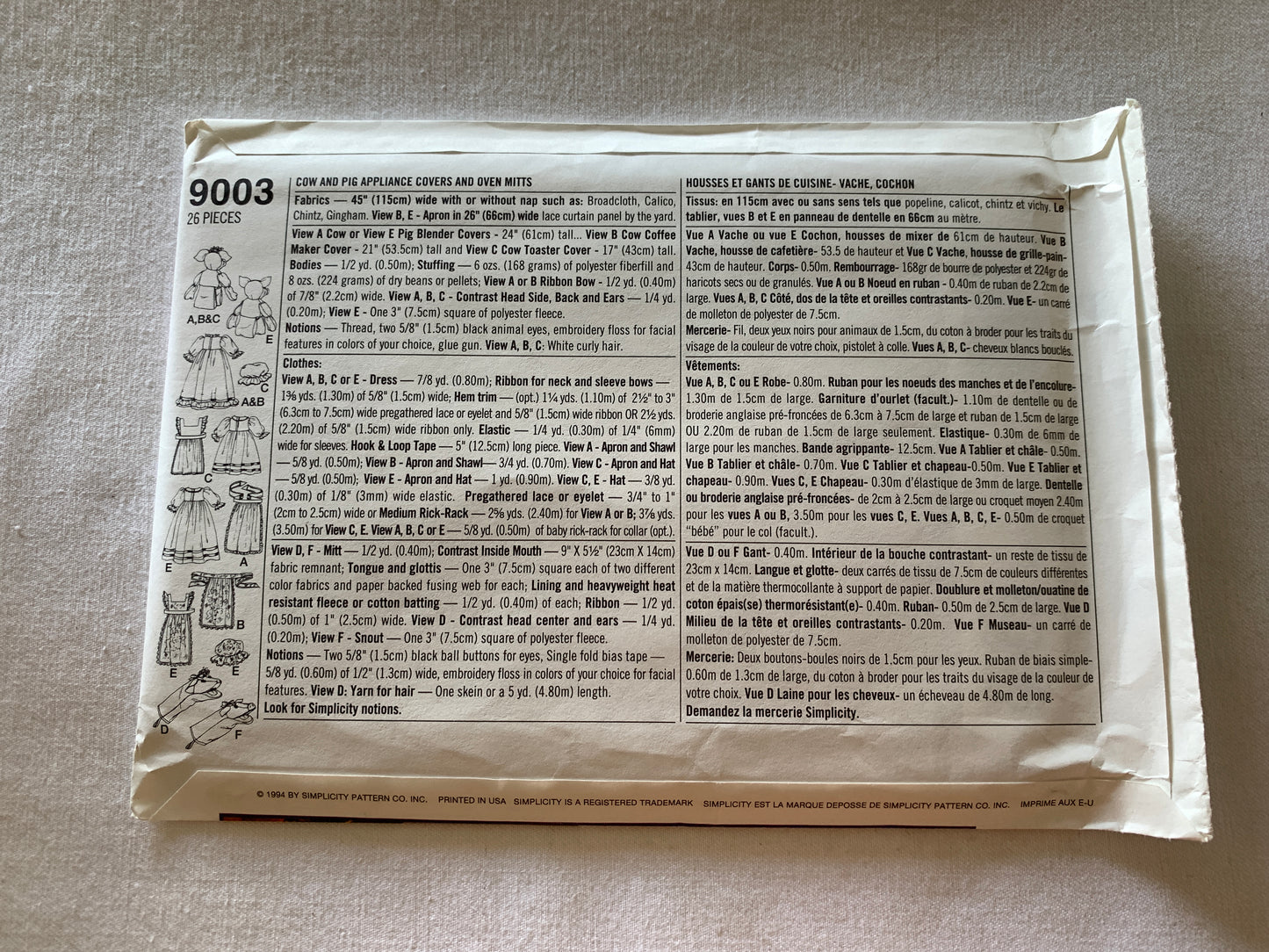 Simplicity Sewing Pattern 9003 Crafts, Kitchen Accessories, Cow, Pig, Appliance Covers, Oven Mitts, Uncut, Vintage 1994