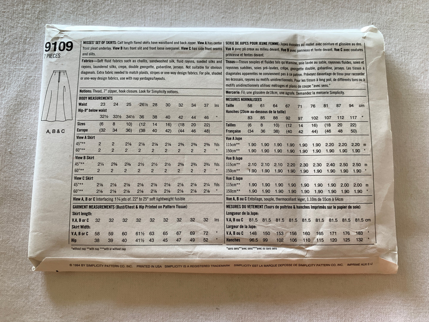 Simplicity Sewing Pattern 9109 Misses' Skirts, Zipper Back, 3 Variations, Pleat, Slit, Size 12-16, Uncut, Vintage 1994