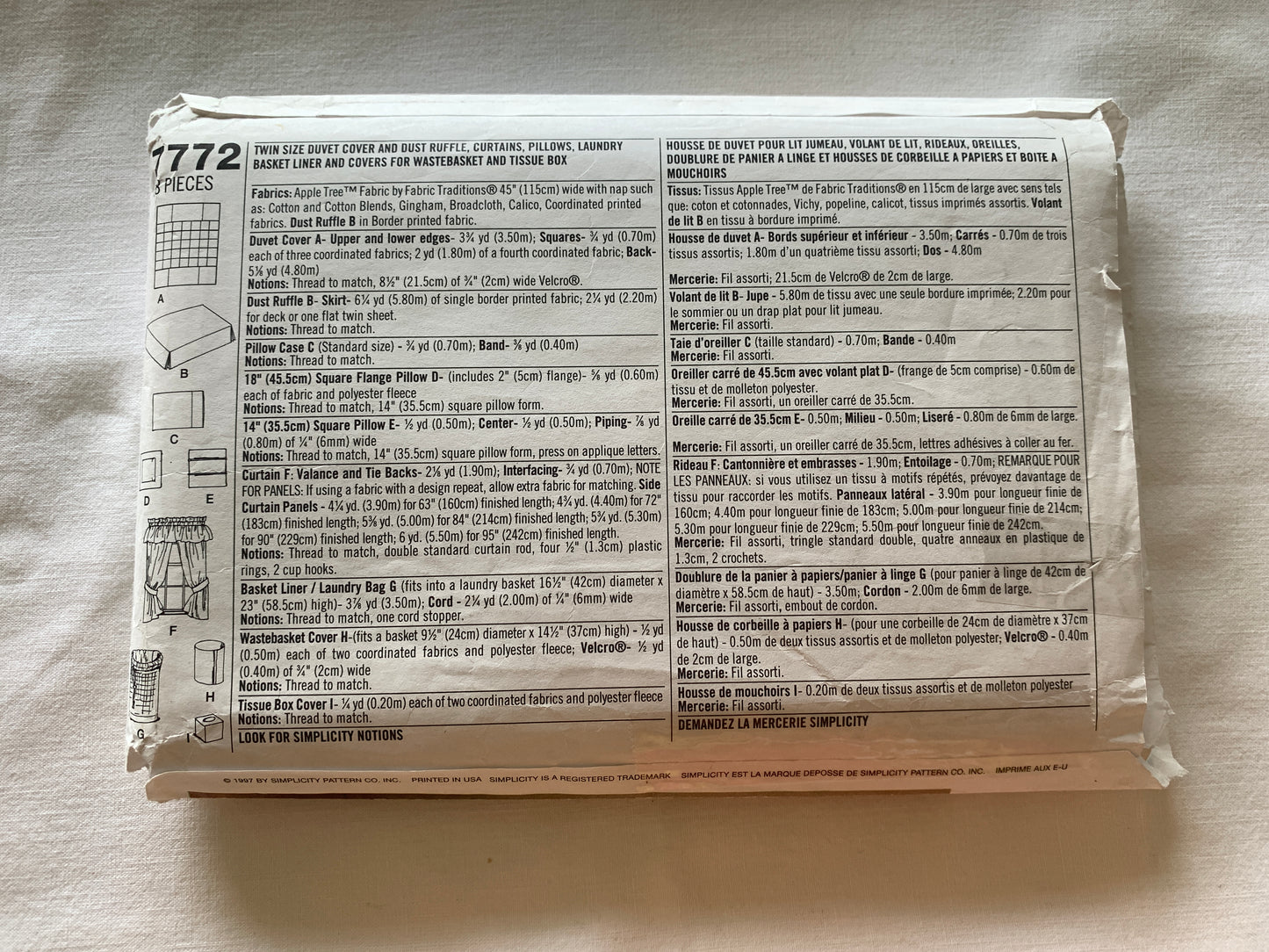Simplicity Home Sewing Pattern 7772 Twin Size, Duvet Cover, Dust Ruffle, Curtains, Pillows, Basket, Covers, Tissue Box, Uncut, Vintage 1997