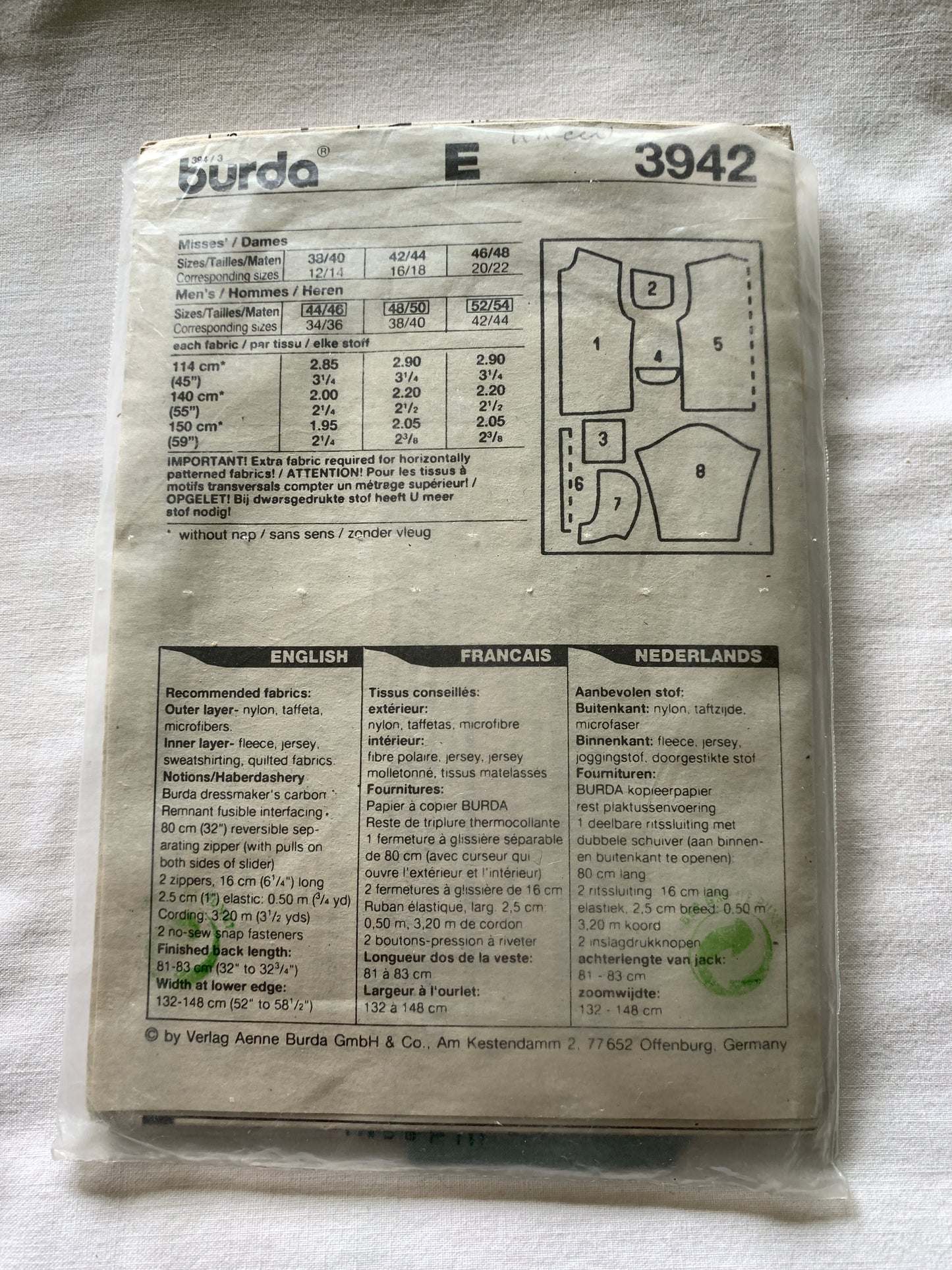 Burda Sewing Pattern 3942 Men's Jacket, Semi-Fitted, Zipper Front, Long Sleeves, Pockets, Hood, Size 38-40, Uncut, 2000