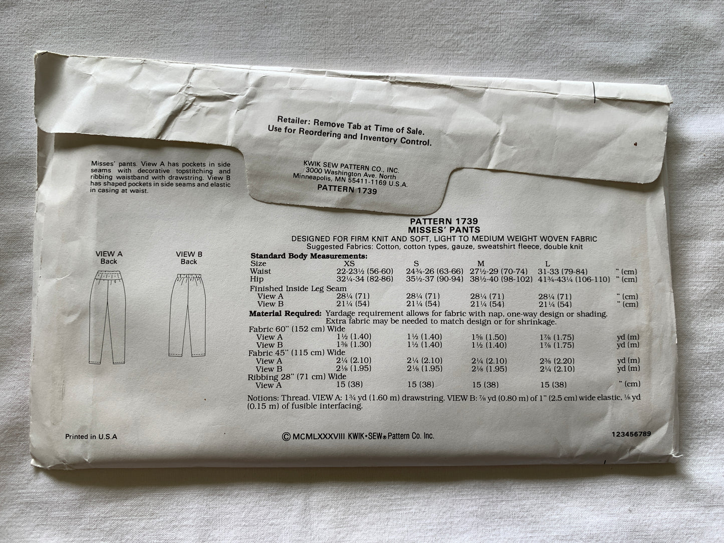 Kwik Sewing Pattern 1739 Misses' Pants, Elastic Waist, Pull-On, Pockets, Drawstring, Size 22-33, Uncut, Vintage 1980
