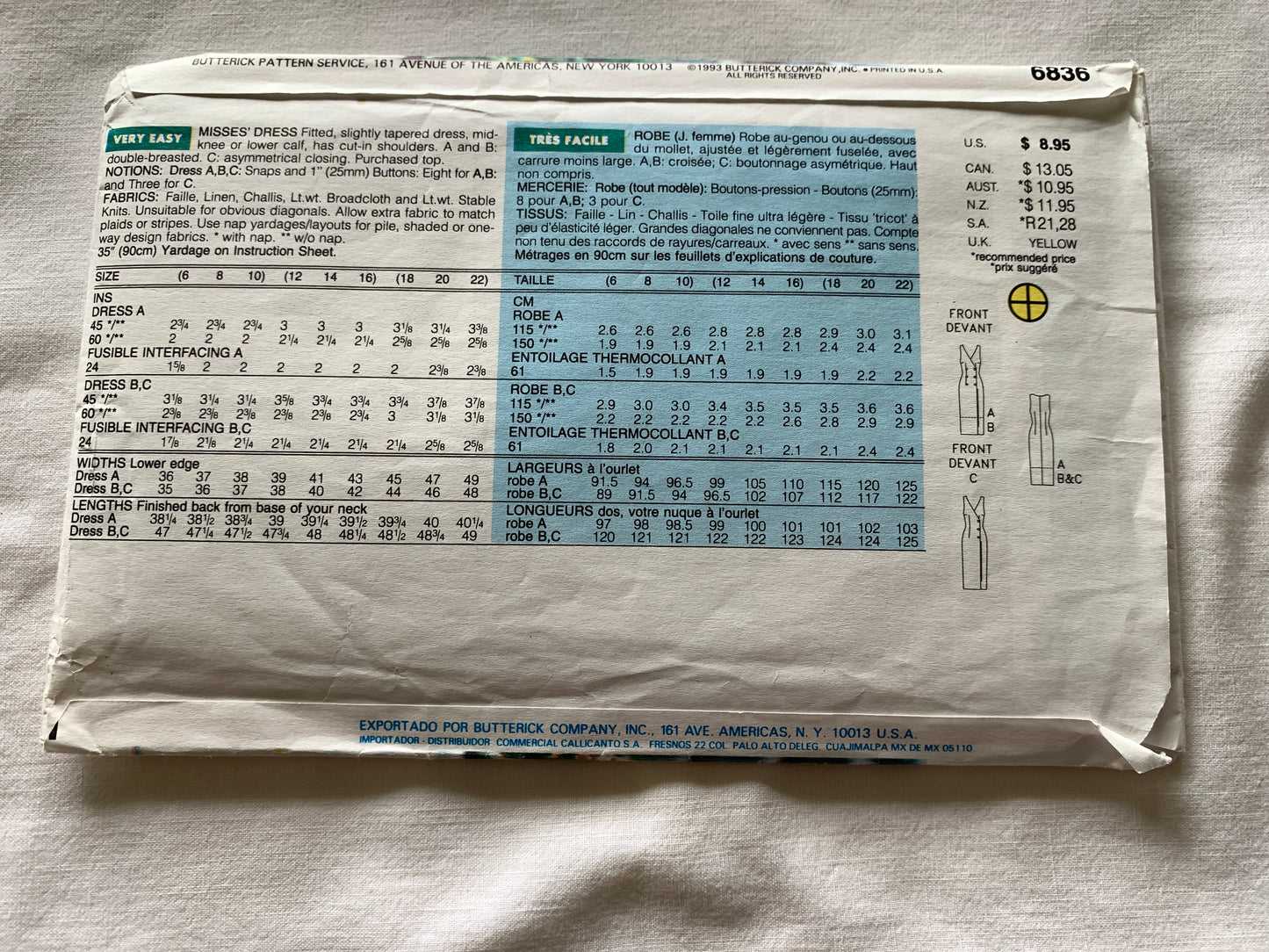 Butterick Sewing Pattern 6836 Misses' Dress, Two Lengths, Fitted, Button Front, Sleeveless, Double Breasted, Size 12-16, Uncut, Vintage 1993
